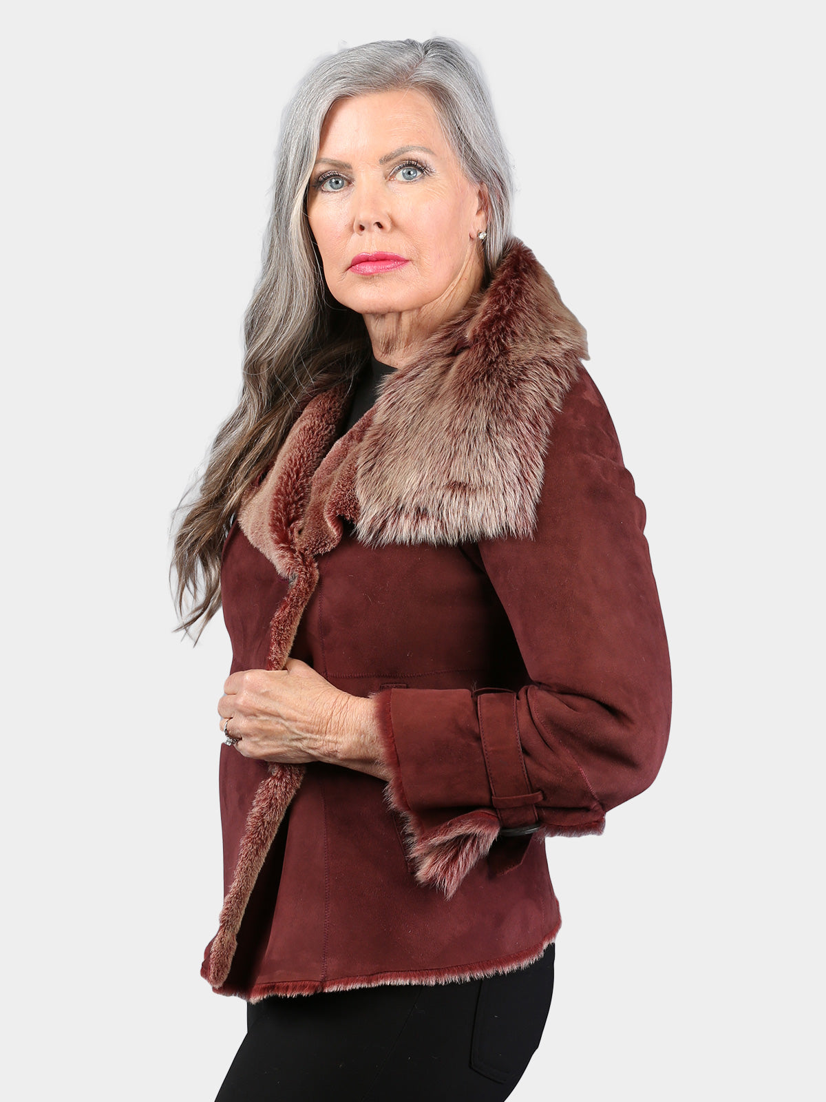 Woman's Petite Dyed Rust/Brown Shearling Lamb Fur Jacket with Loscana Fleece