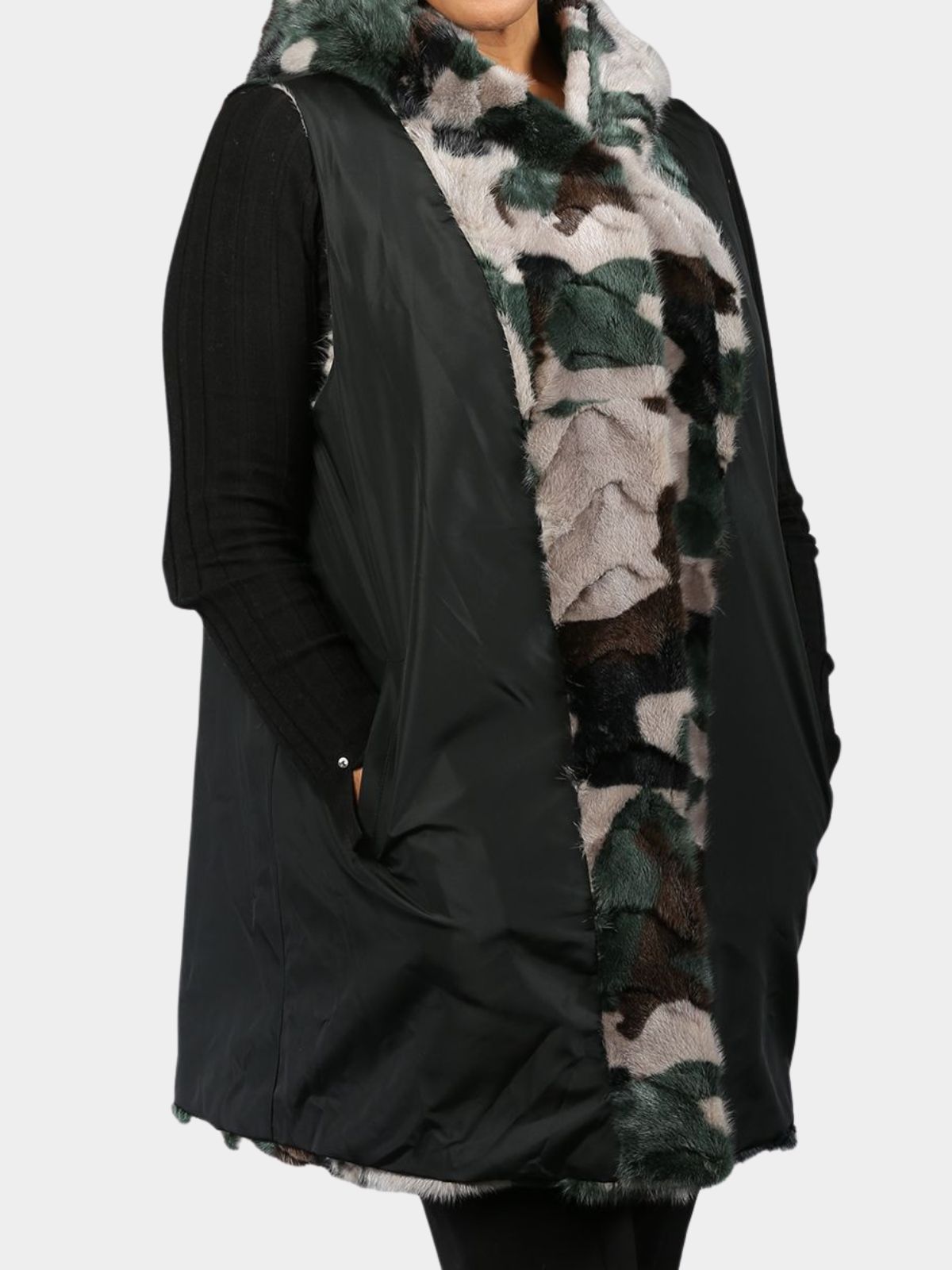 Woman's Camo Mink Fur Vest with Hood