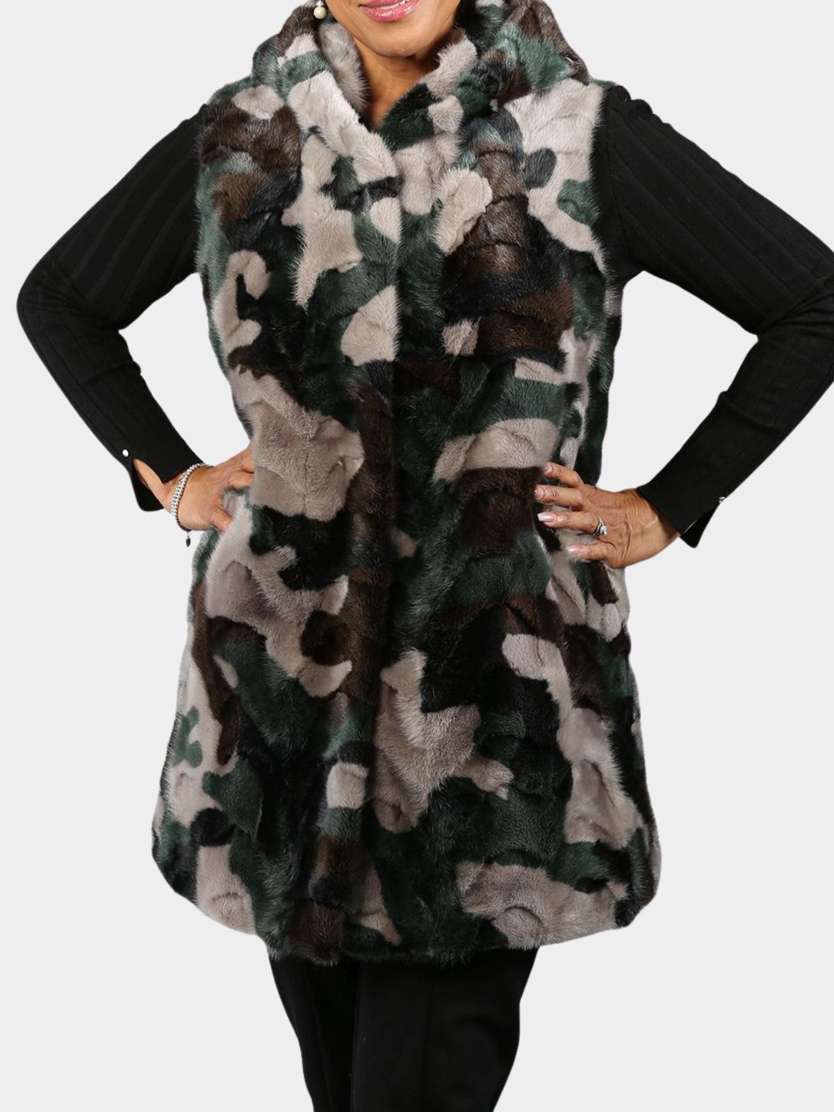 Woman's Camo Mink Fur Vest with Hood