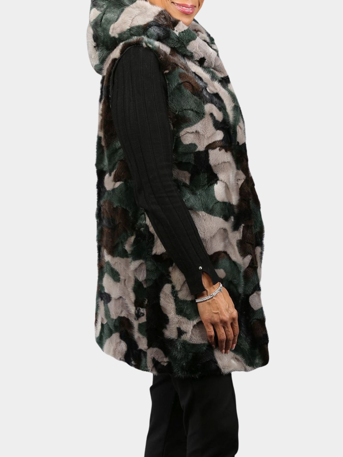 Woman's Camo Mink Fur Vest with Hood