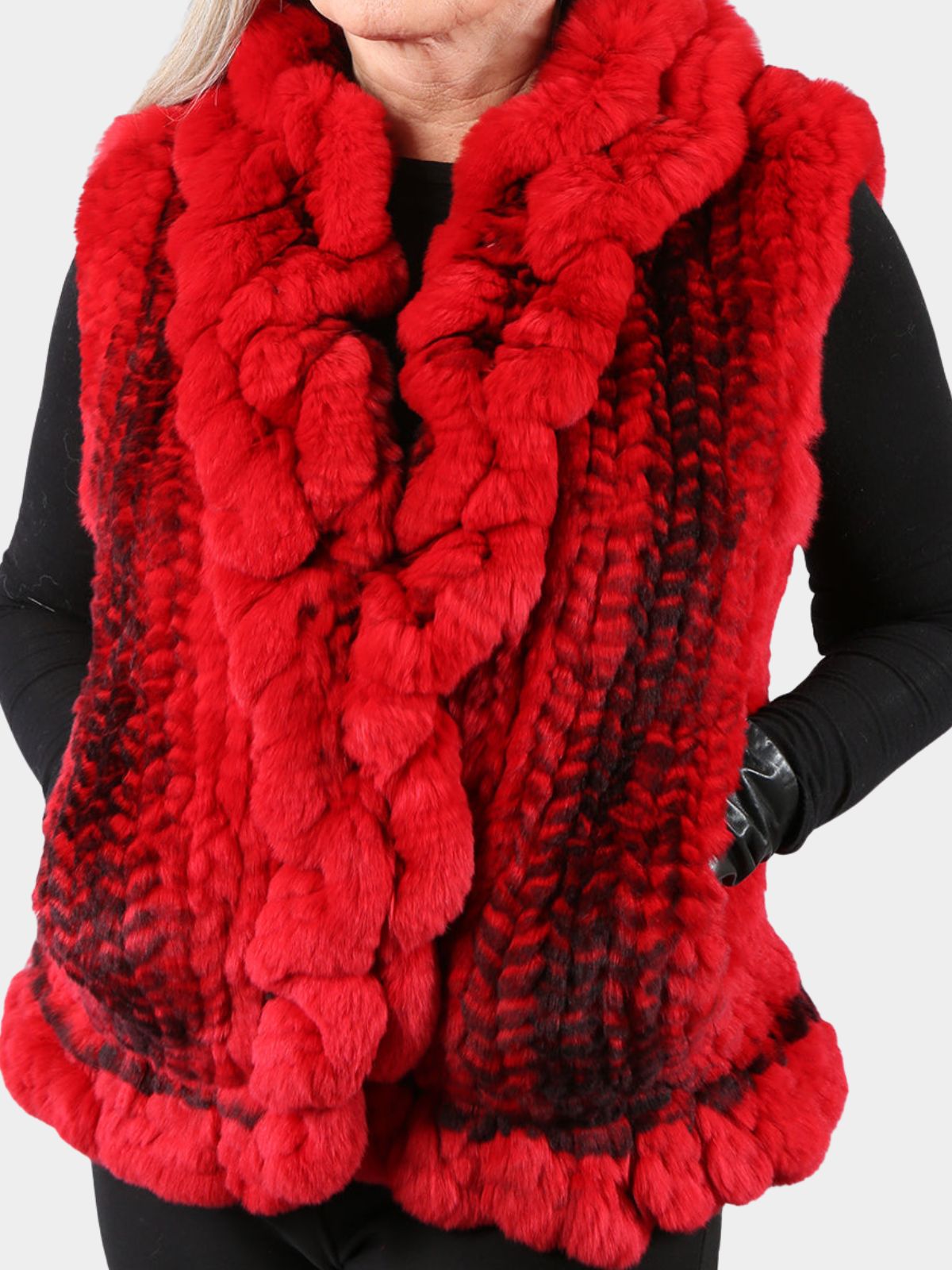 Woman's Red Chinchilla Dyed Rex Rabbit Knit Fur Vest