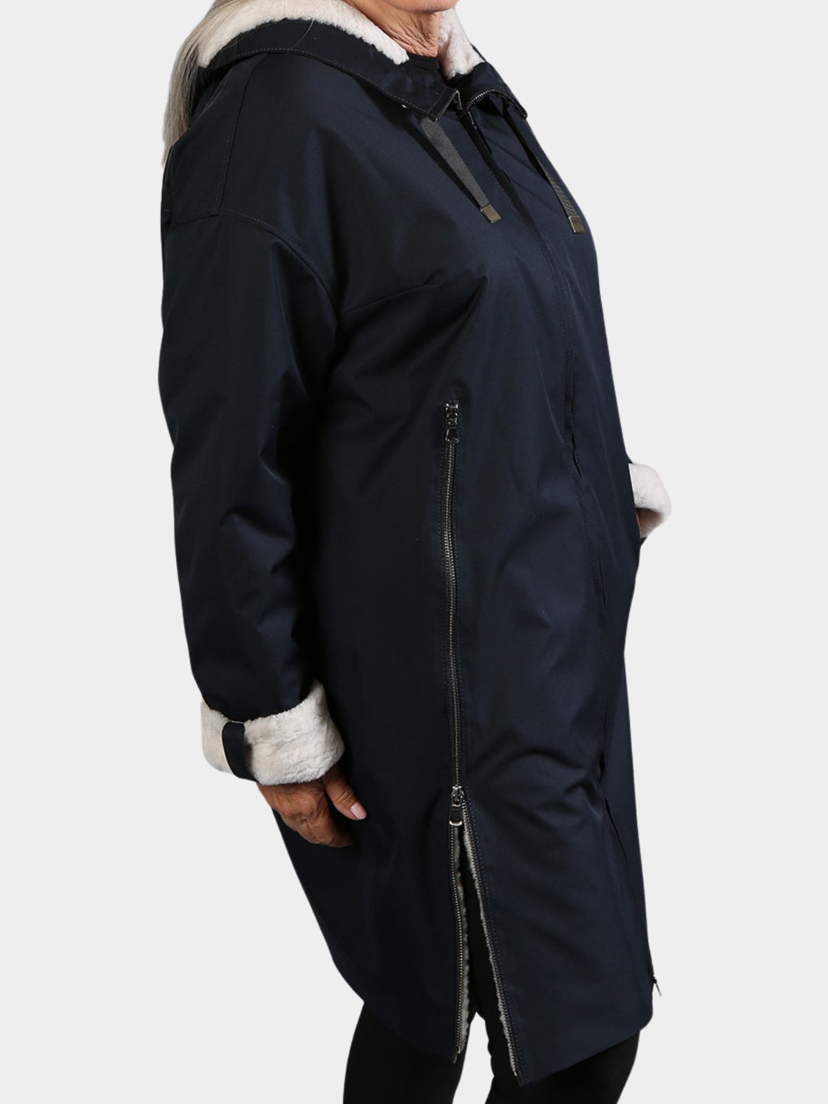 Woman's Navy Hooded Raincoat with Cream Ironed Fleece Lining