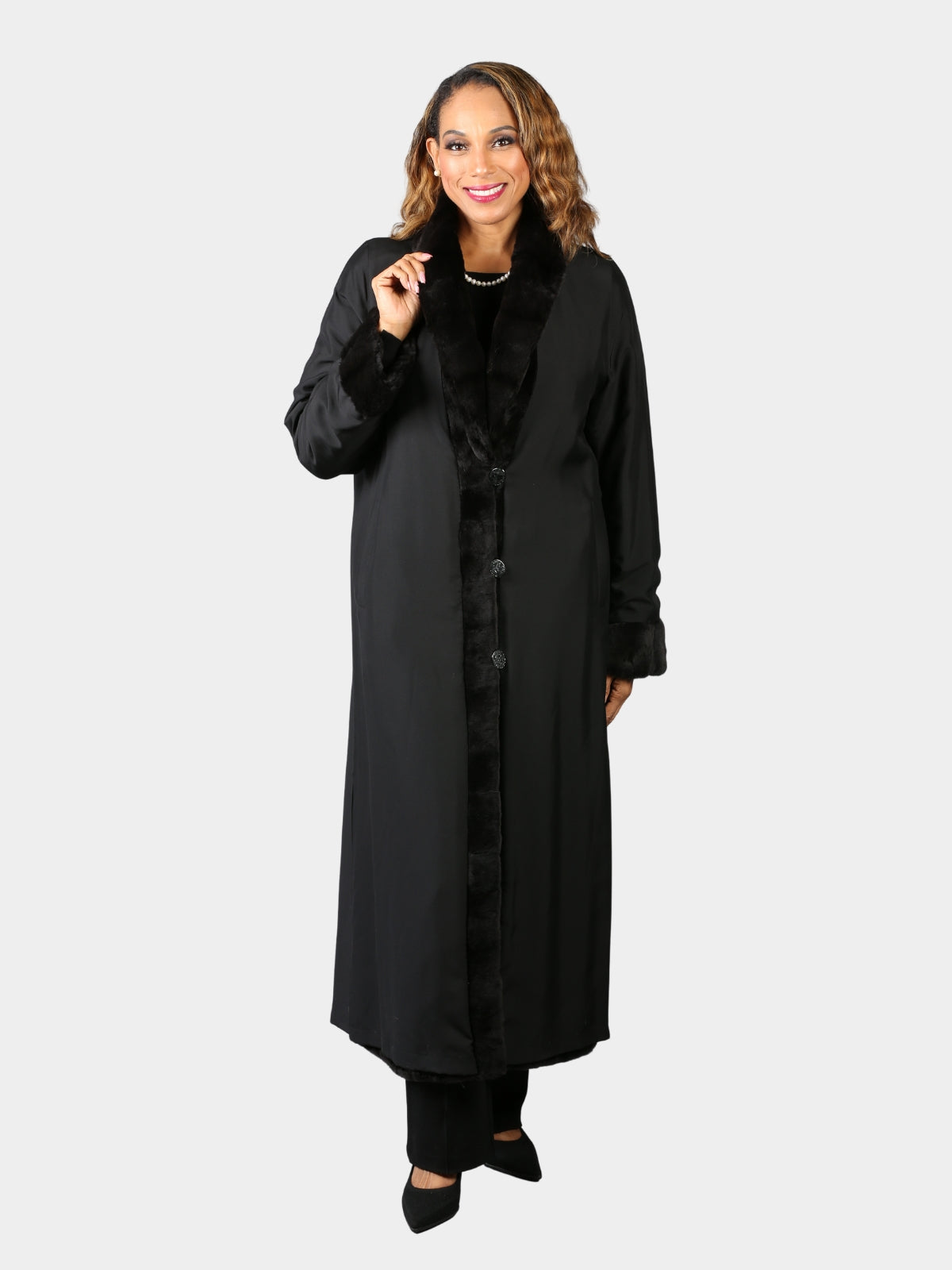 Woman's Ultra Light Black Sheared Mink Fur Coat Reversing to Rain Taffeta