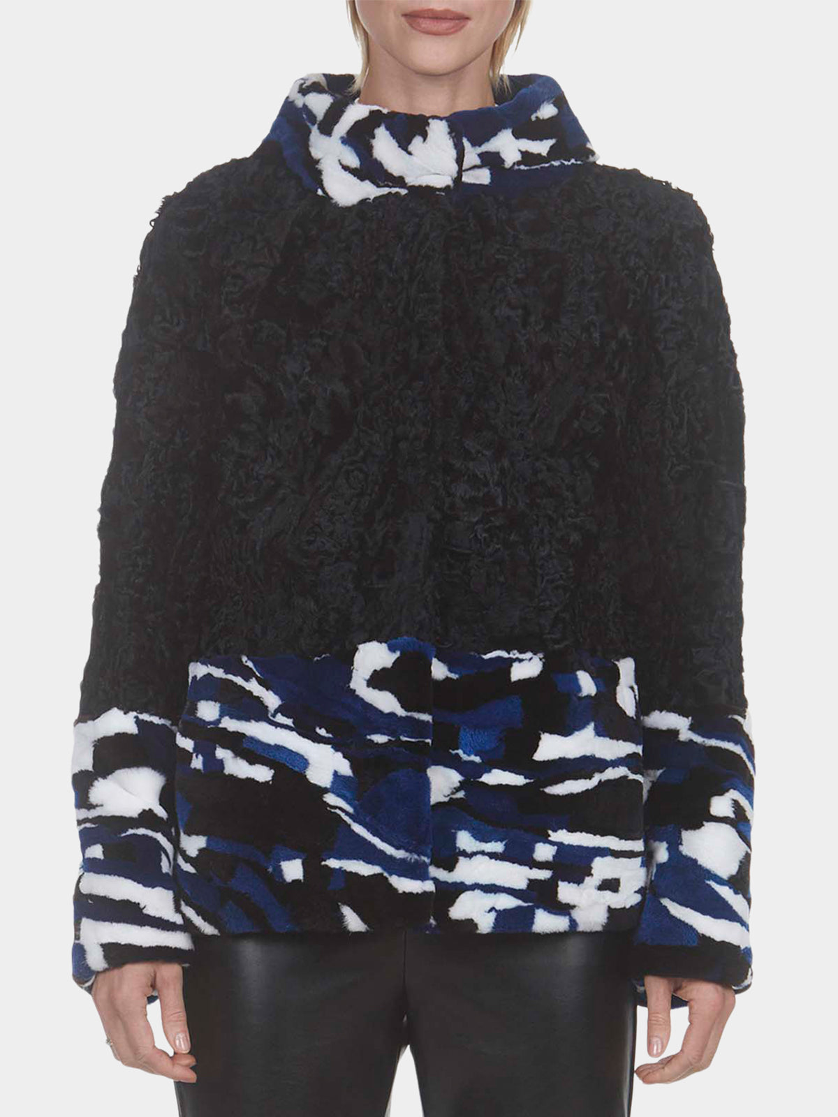 Woman's Black Military Lamb Fur and Mink Sections Jacket