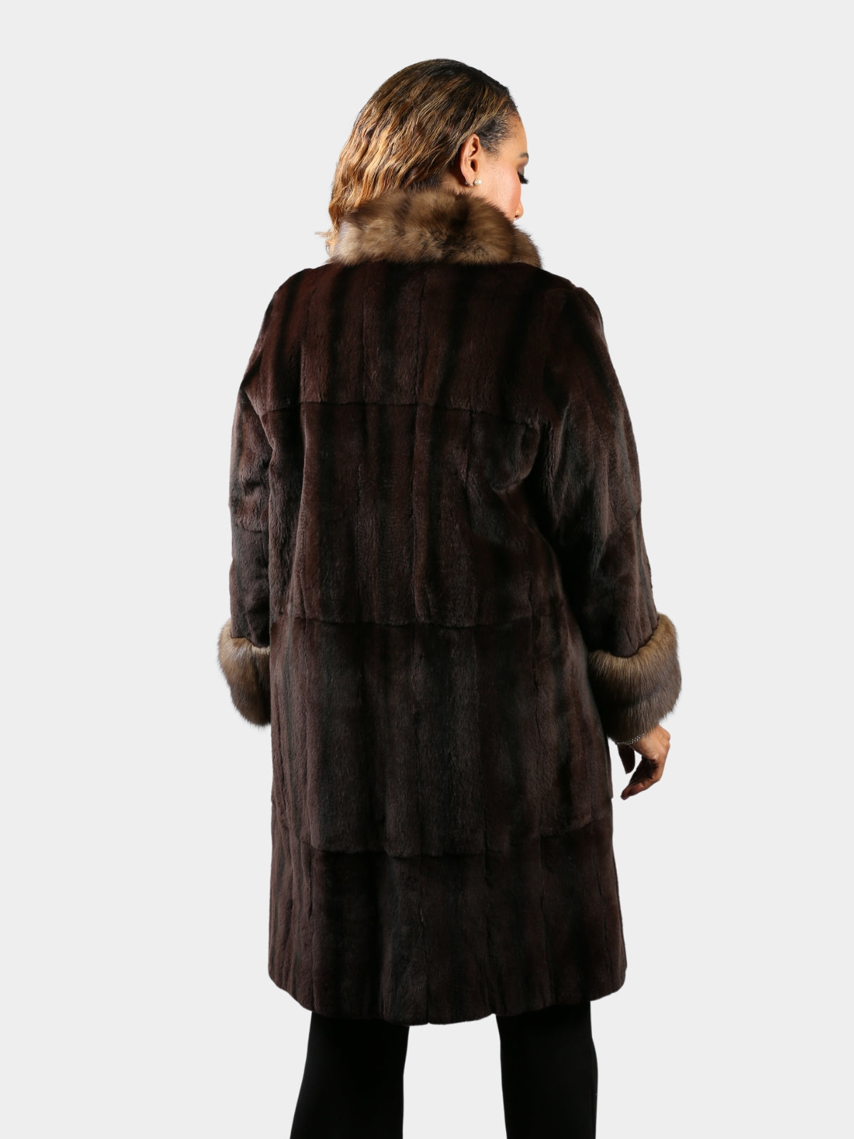 Woman's Brown Sheared Mink Fur 7/8 Coat with Sable Collar and Cuffs Reversing to Rain Taffeta