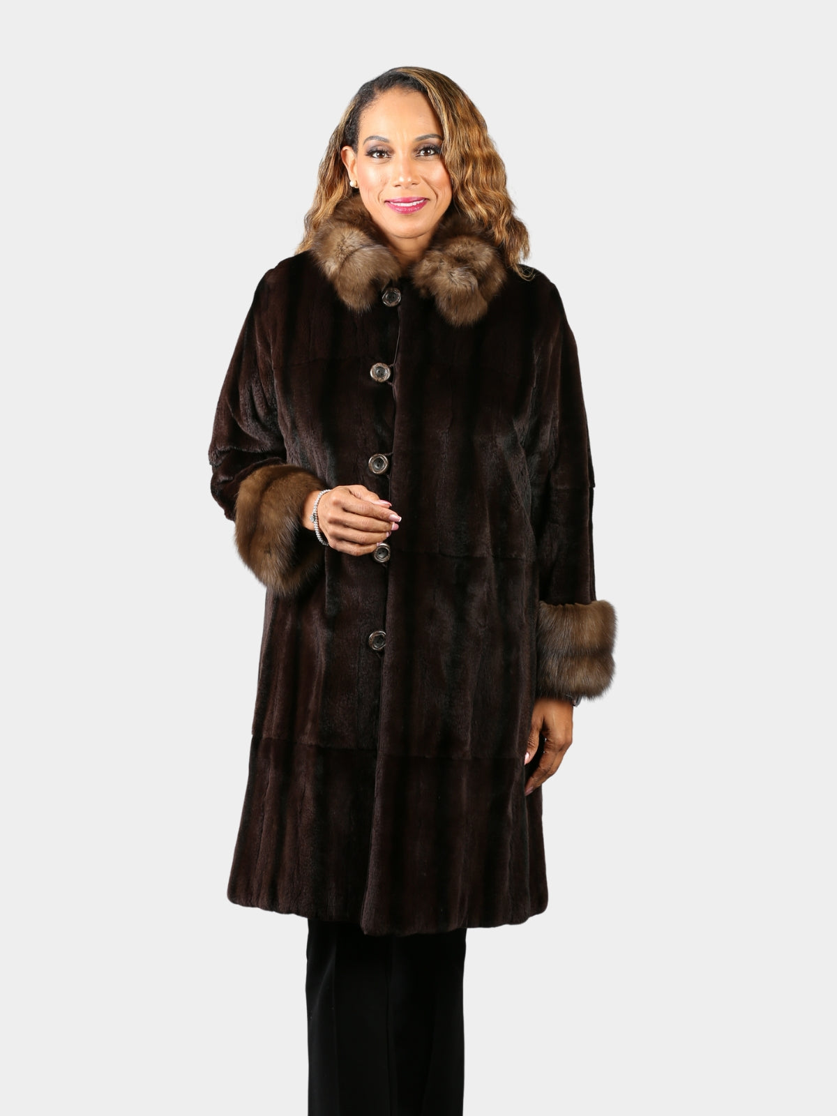 Woman's Brown Sheared Mink Fur 7/8 Coat with Sable Collar and Cuffs Reversing to Rain Taffeta