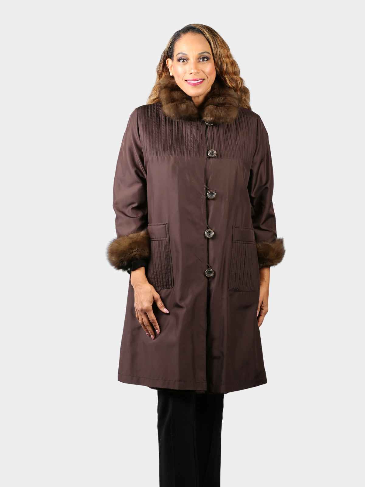 Woman's Brown Sheared Mink Fur 7/8 Coat with Sable Collar and Cuffs Reversing to Rain Taffeta