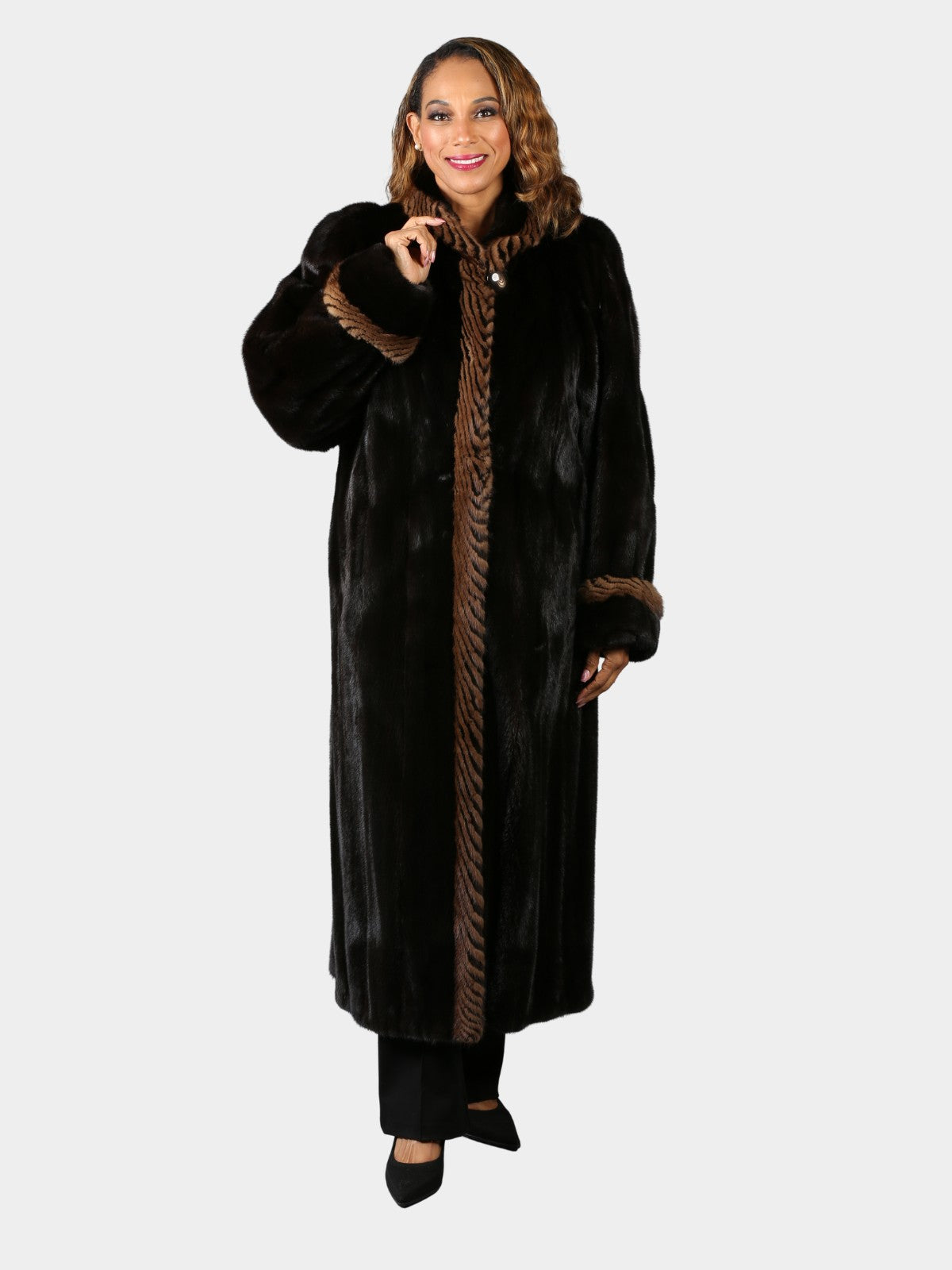 Woman's Deepest Mahogany Mink Fur Coat with Two Tone Mink Trim