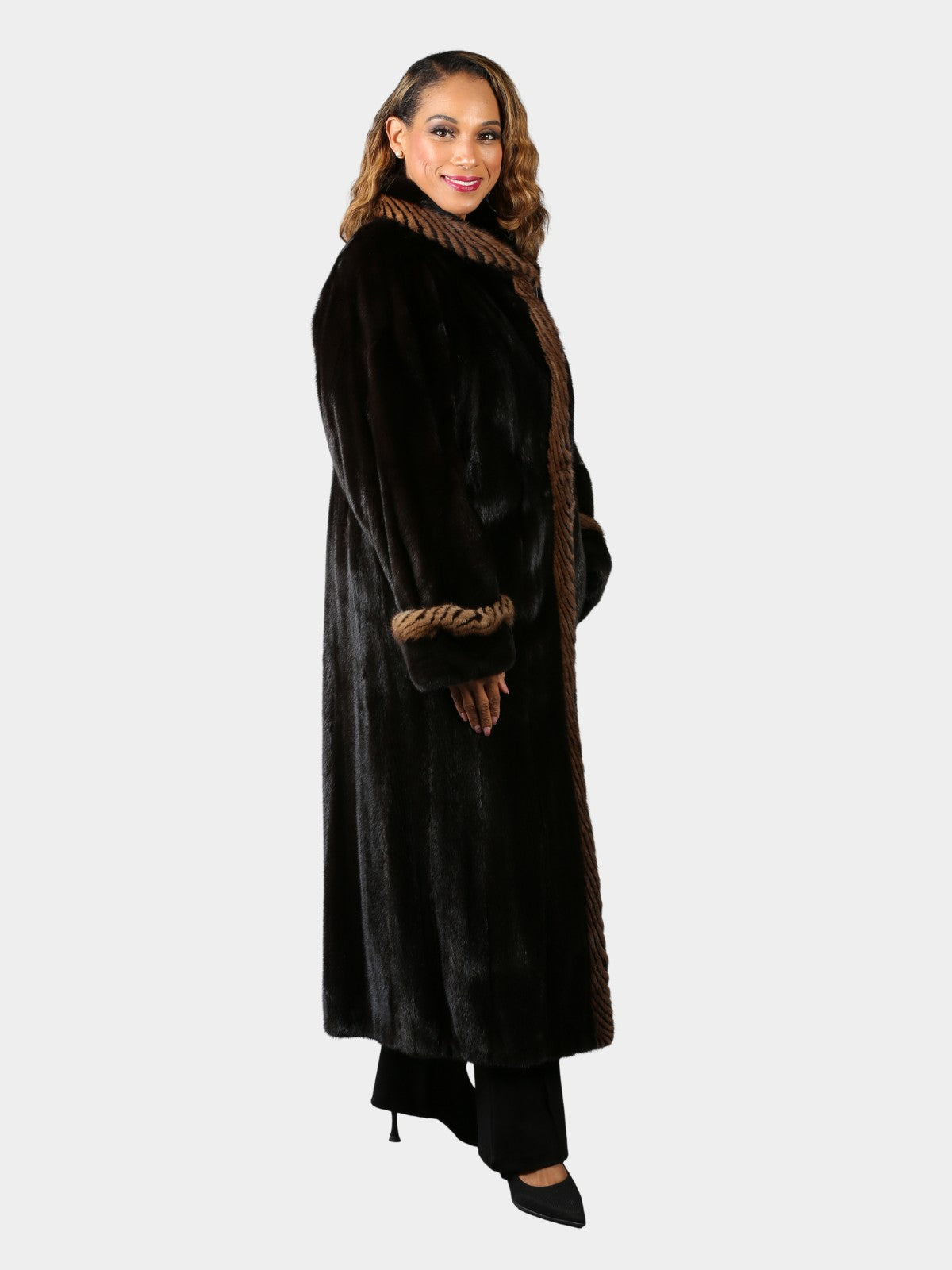 Woman's Deepest Mahogany Mink Fur Coat with Two Tone Mink Trim