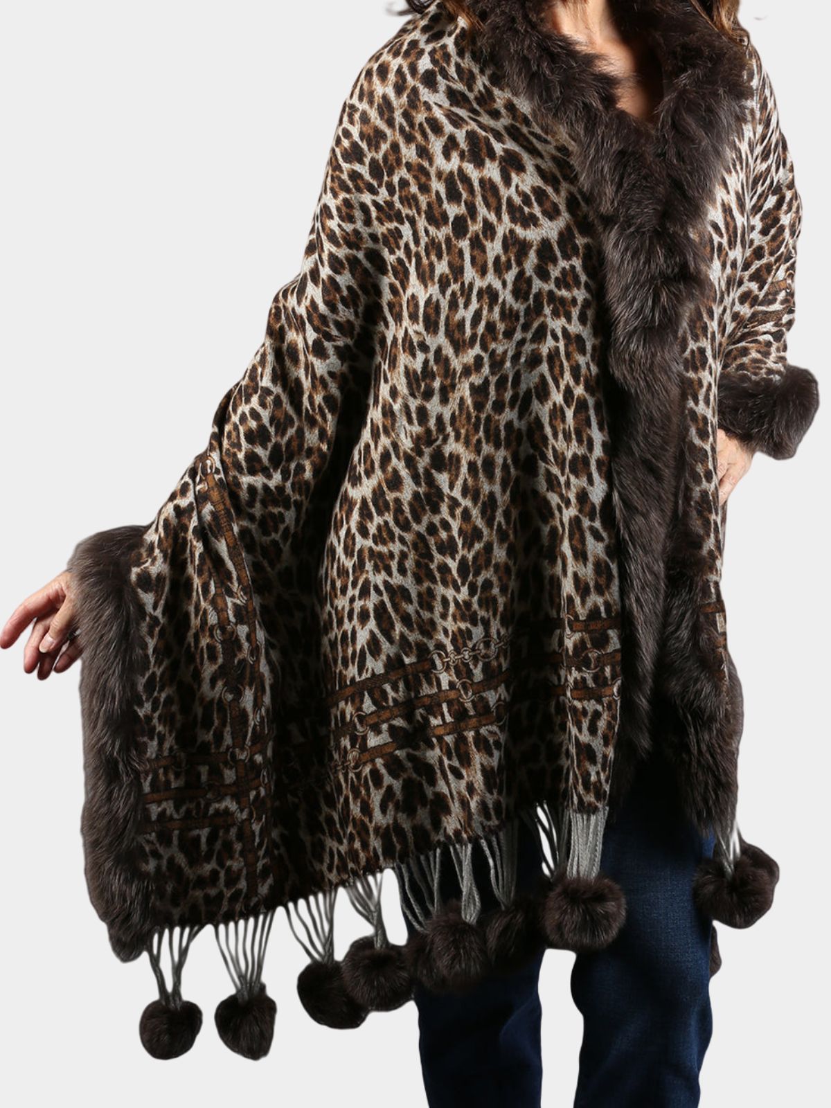 Women's Brown Animal Print Cashmere Stole with Fox Fur Trim