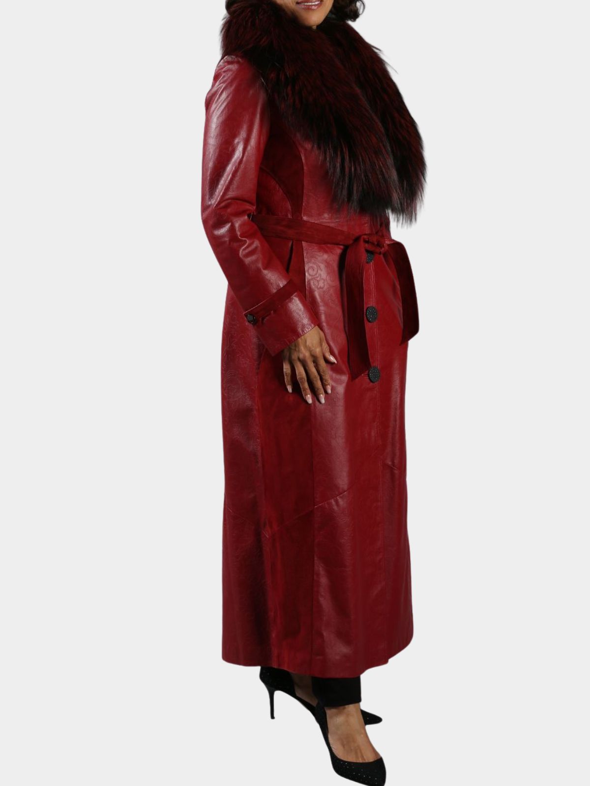 Woman's Oxblood Leather Coat with Dyed to Match Detachable Fox Collar