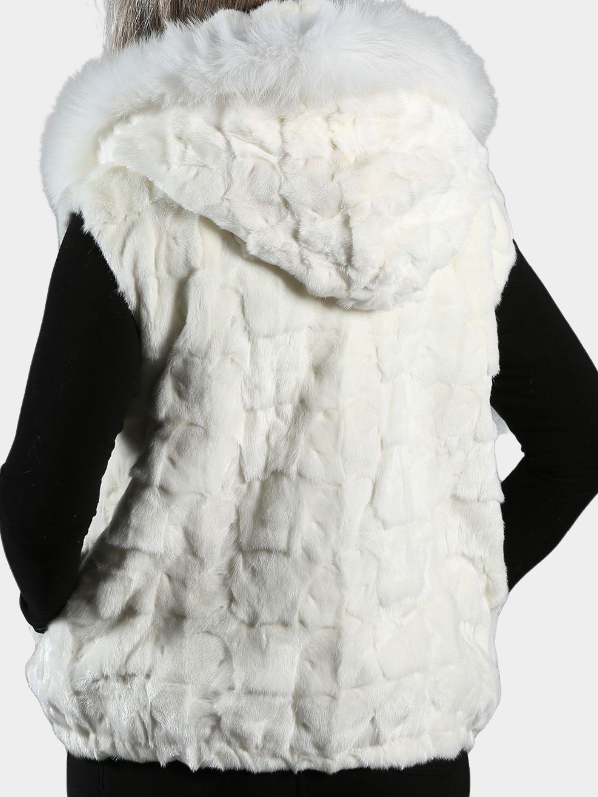 Woman's White Diamond Mink Fur Vest with Dyed to Match Fox Trimmed Hoo