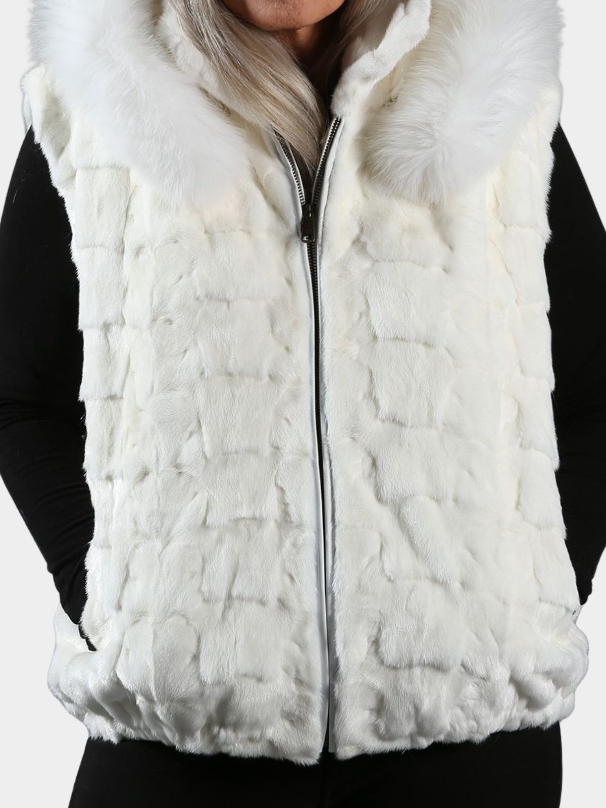Woman's White Diamond Mink Fur Vest with Dyed to Match Fox Trimmed Hoo