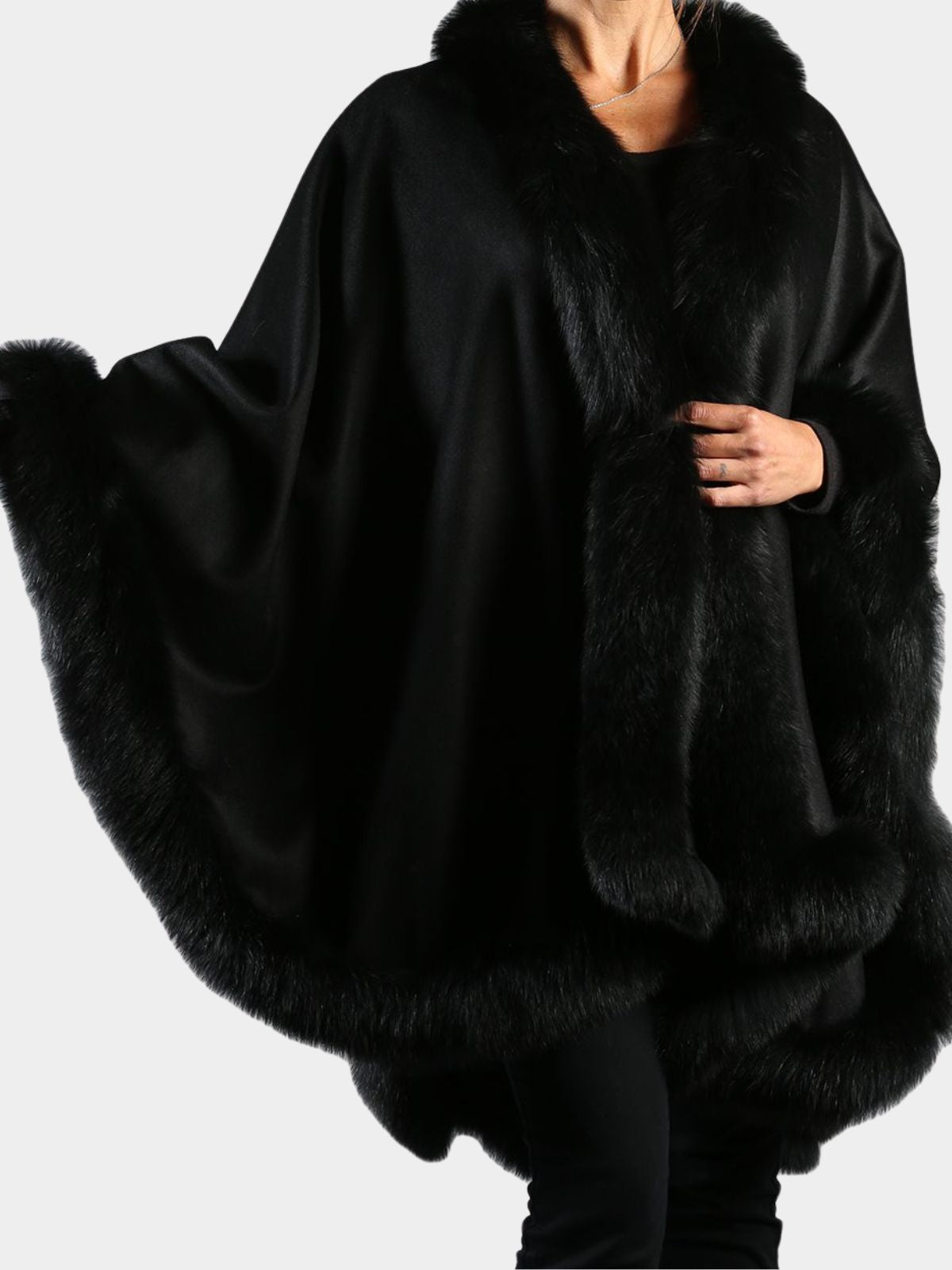 Woman's Black Cashmere Wool Cape with Matching Fox Trim