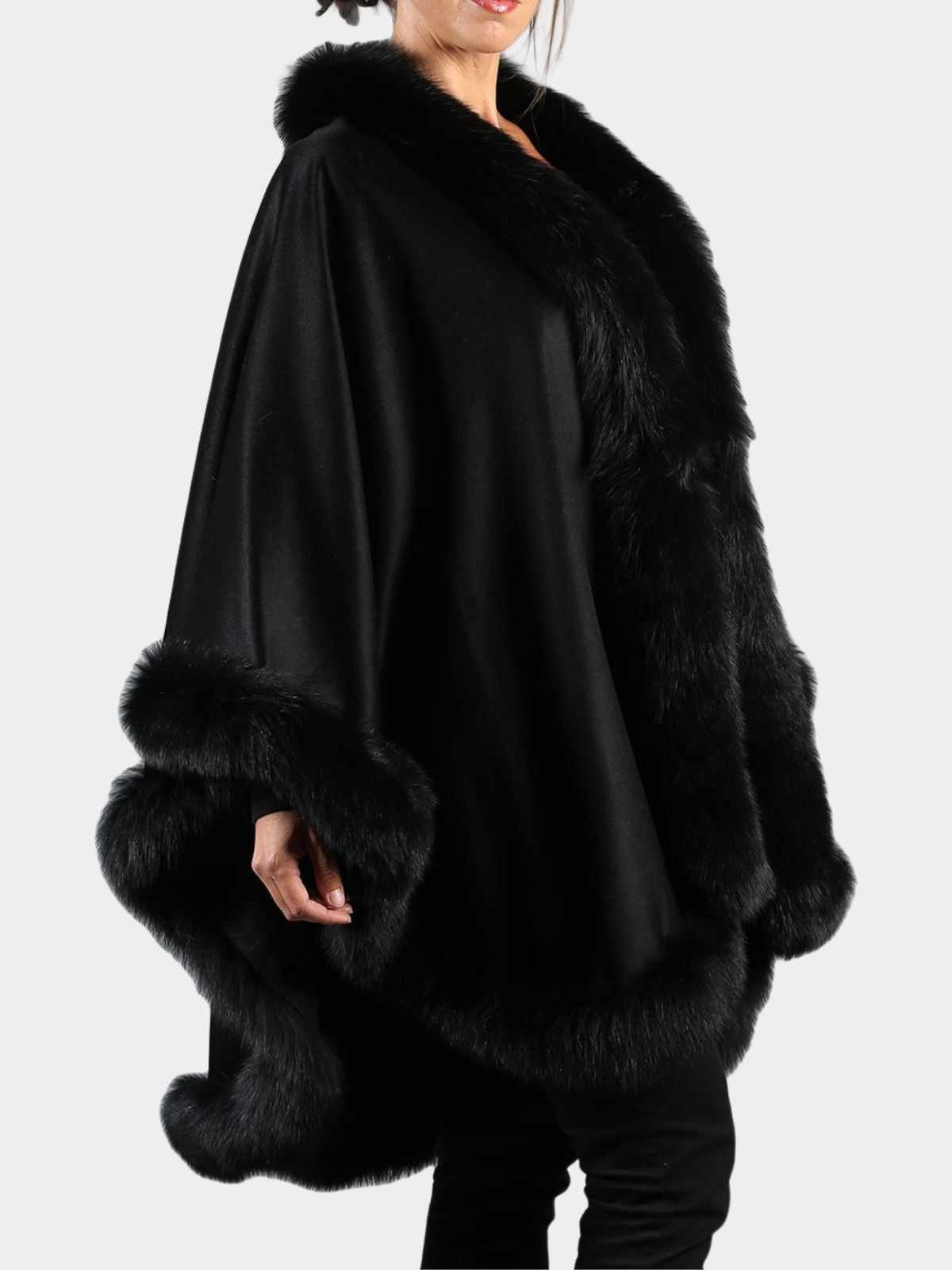 Woman's Black Cashmere Wool Cape with Matching Fox Trim
