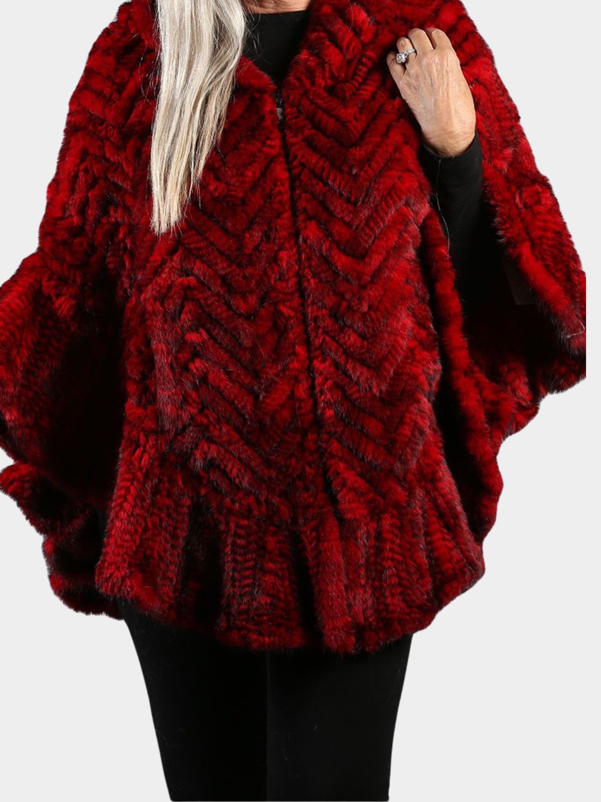 Woman's Red Knitted Mink Fur Zipper Poncho with Hood