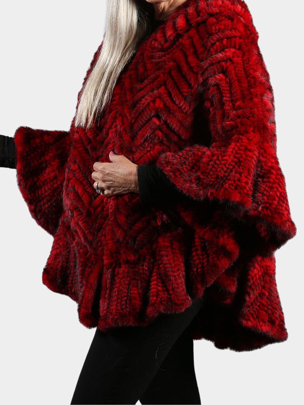 Woman's Red Knitted Mink Fur Zipper Poncho with Hood