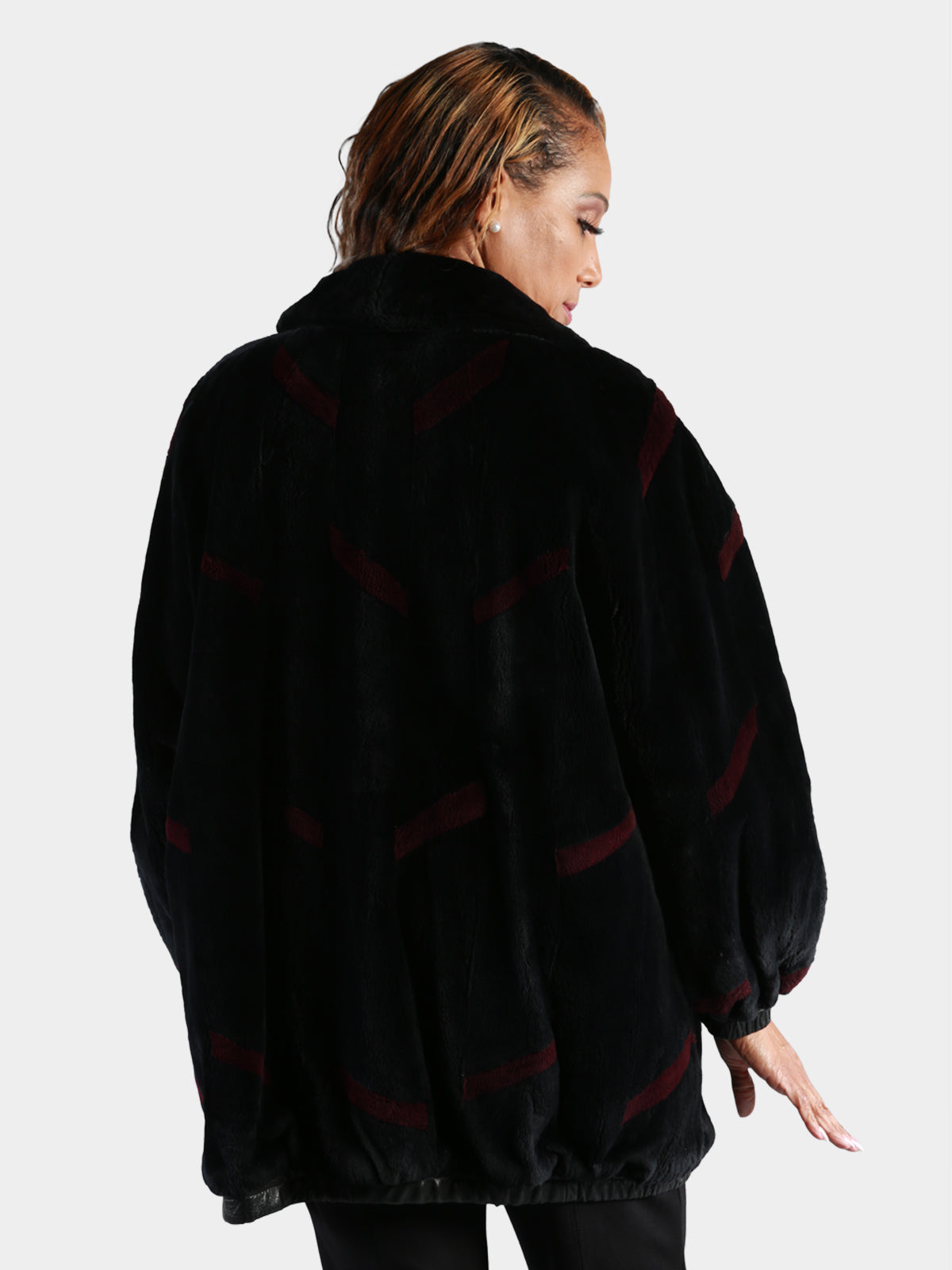 Woman's Plus Size Black Sheared Beaver Fur Jacket Reversing to Black Leather