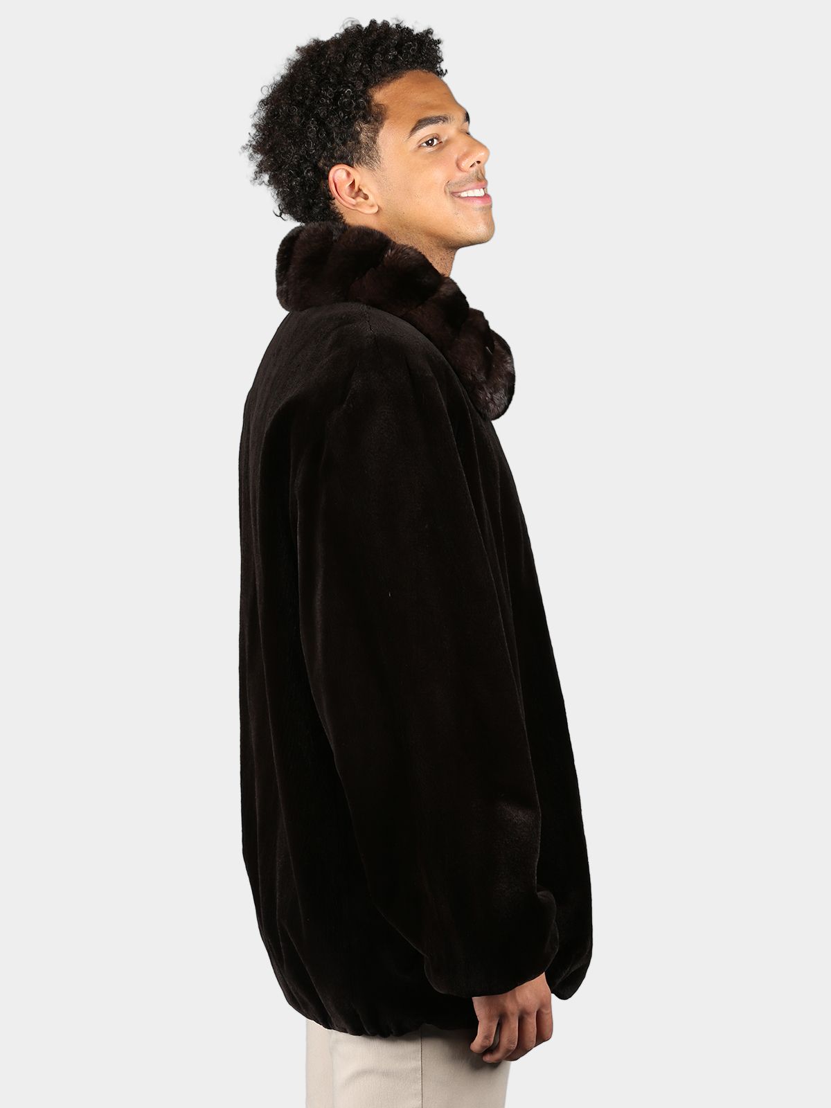 Man's Plus Size Dyed Dark Brown Sheared Mink Fur Jacket with Chinchilla Collar