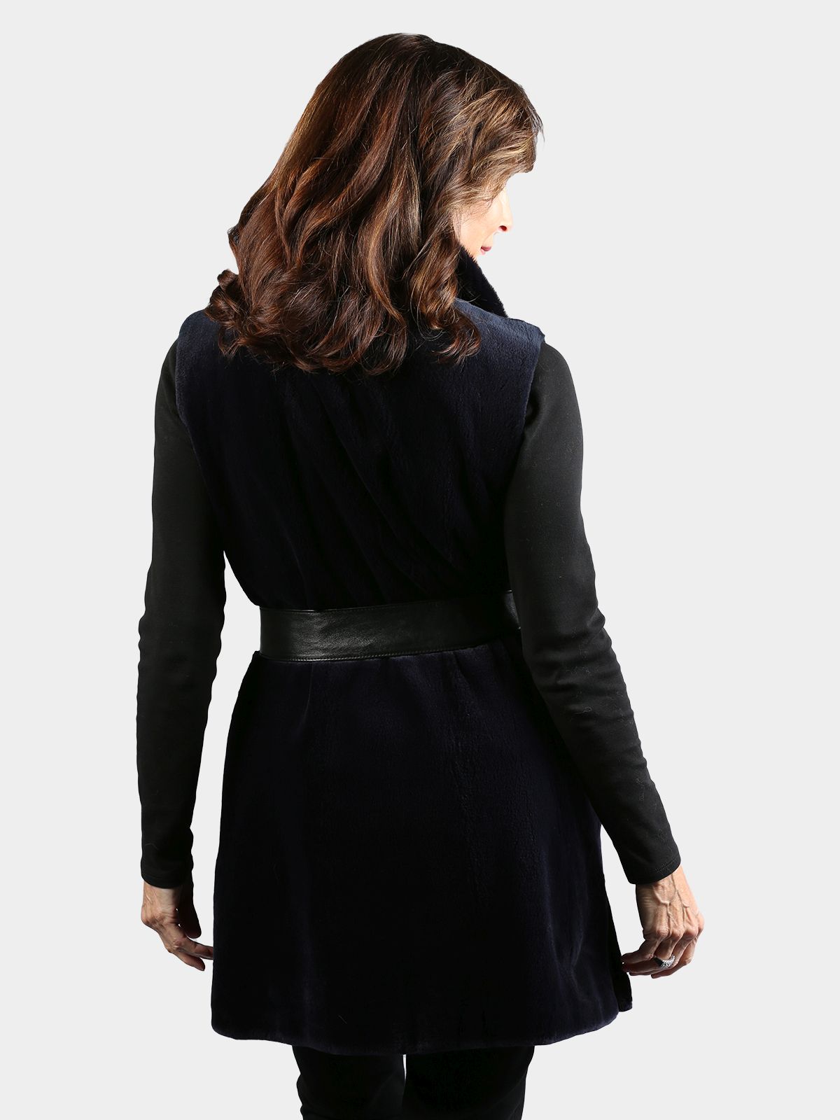 Woman's Gorski Dyed Navy Sheared Mink Fur Vest with Detachable Leather Belt (Reversible)