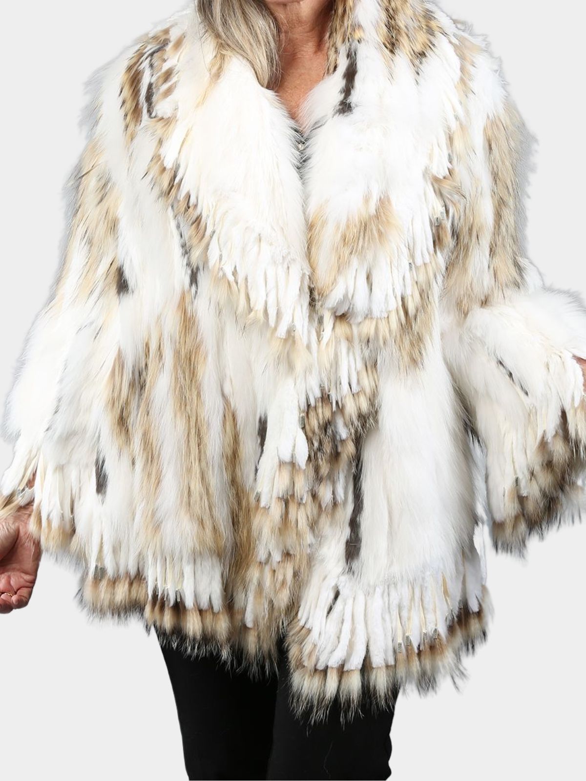 Woman's White Multicolor Knitted Rex Rabbit / Fox / Finn Raccoon Fur Jacket