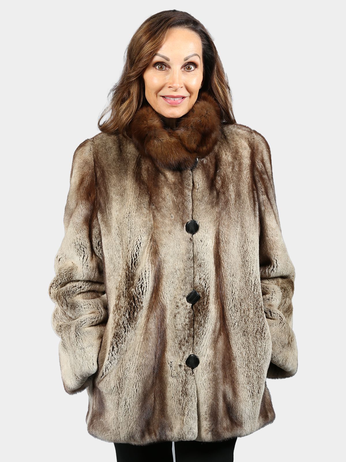 Woman's Platinum Semi Sheared Female Mink Fur Jacket with Sable Collar