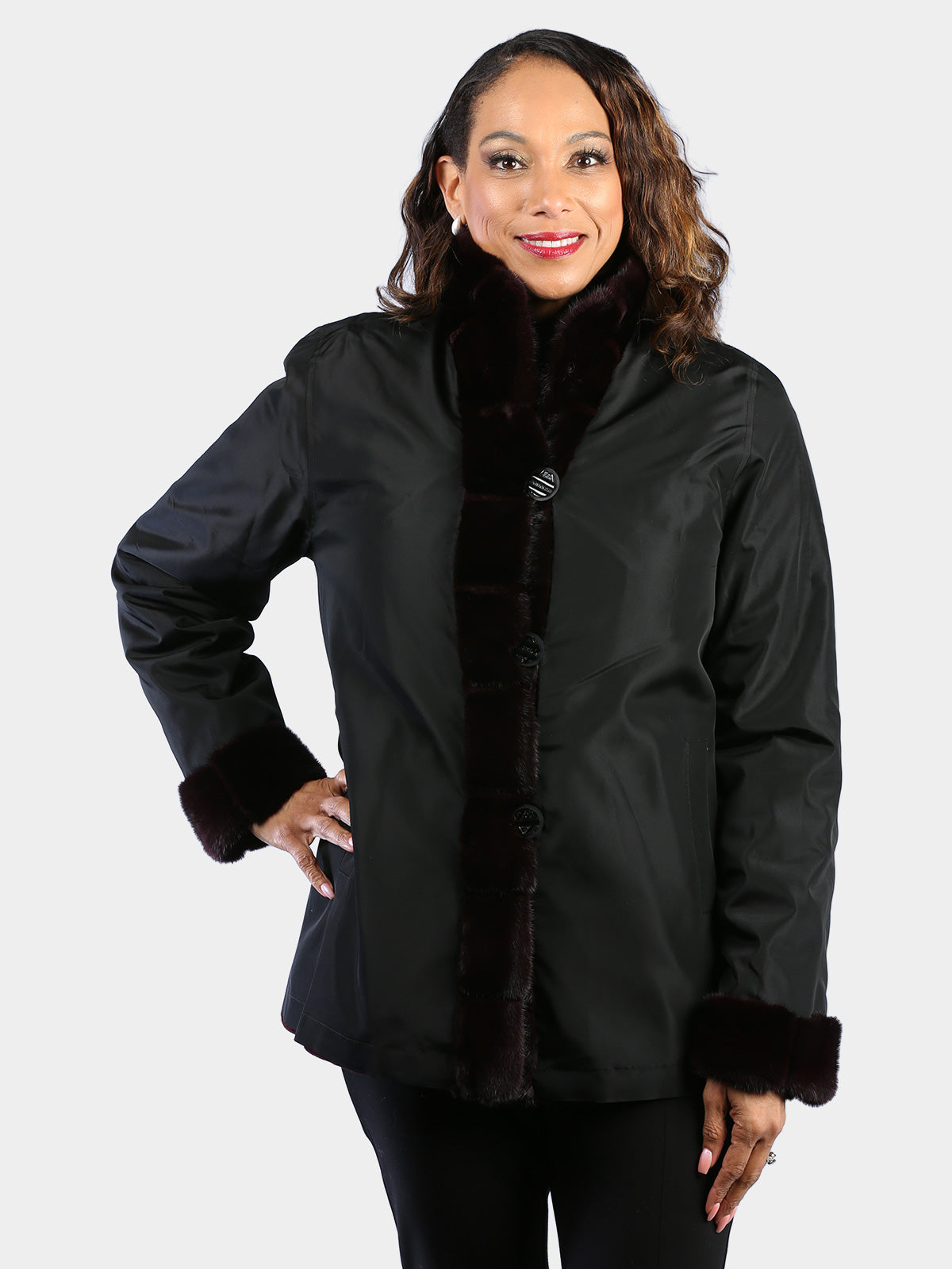 Woman's Dyed Matara Sheared Mink Fur Jacket Reversible to Rain Taffeta