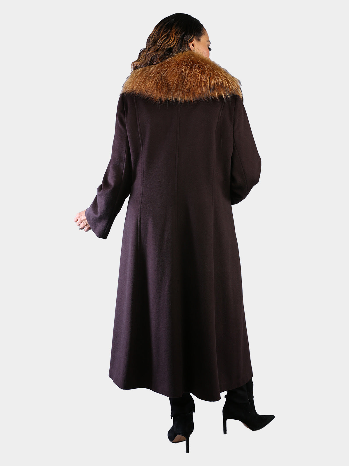 Woman's Brown 100% Cashmere Coat with Dyed Finn Raccoon Collar