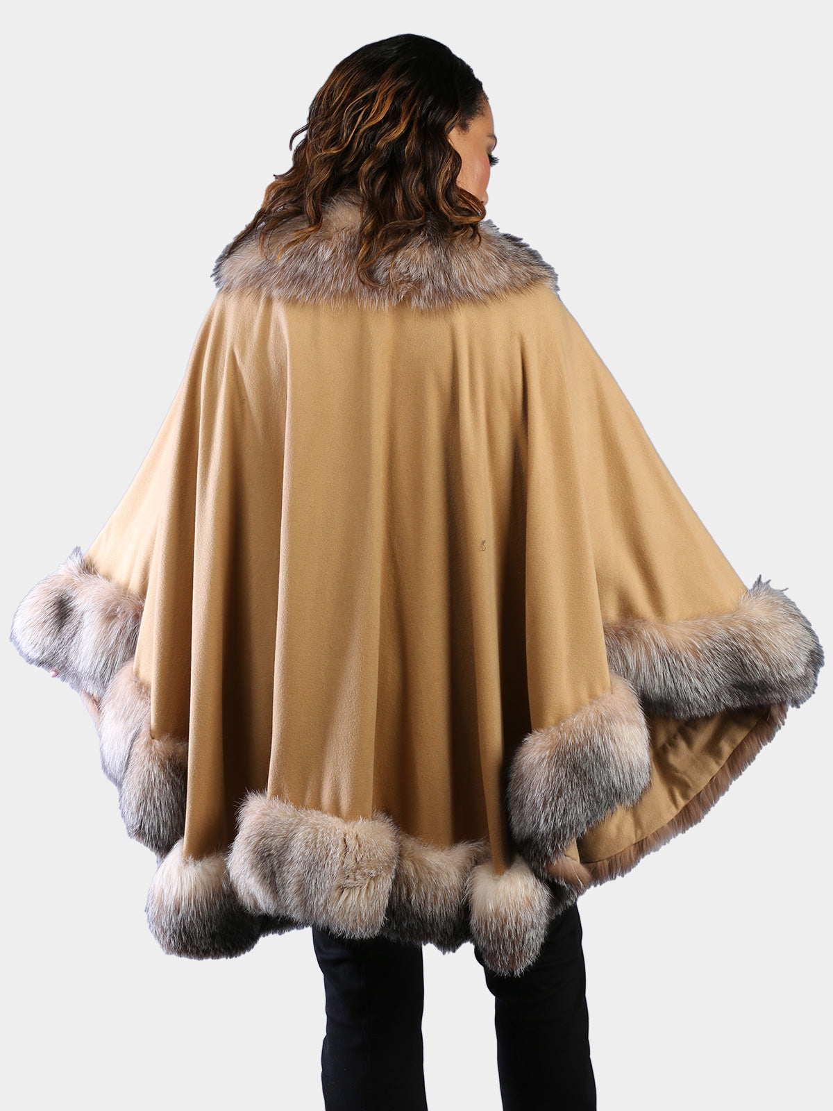 Woman's Gold Wool Cape with Crystal Fox Trim