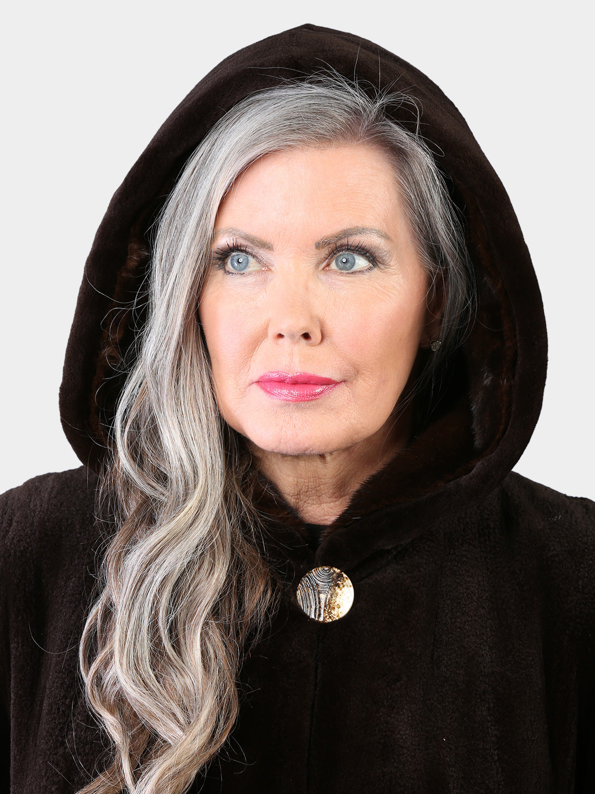 Woman's Dyed Brown Sheared Mink Fur Stroller with Hood