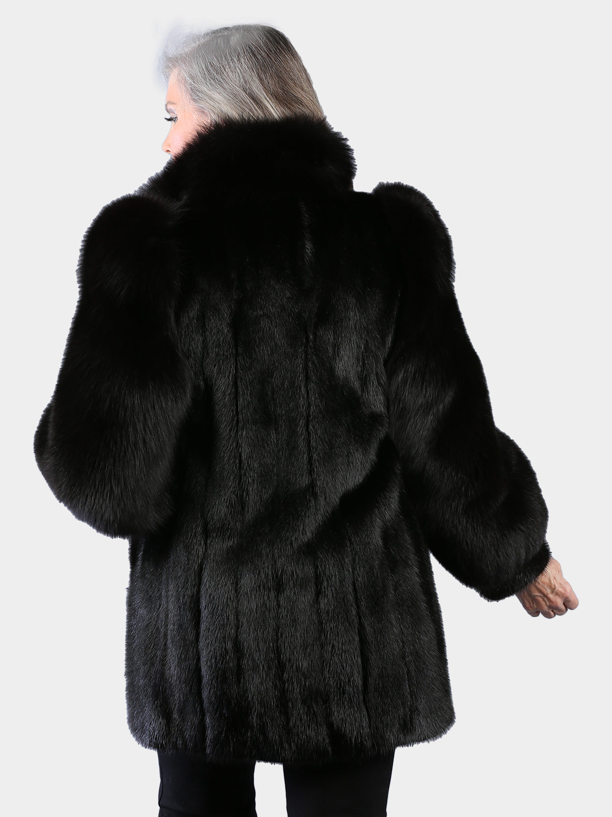 Woman's Natural Ranch Mink Fur Jacket with Black Fox Sleeves and Tuxedo Front