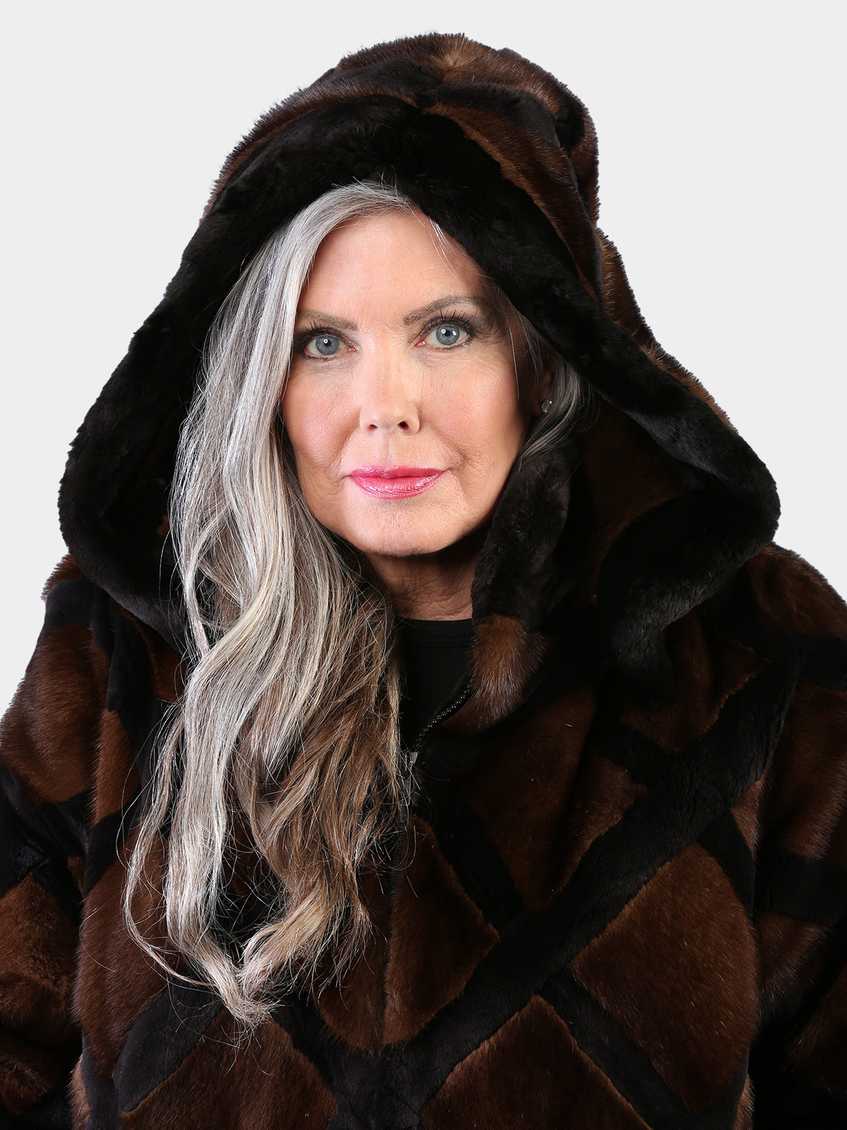 Woman's Natural Mahogany Mink Fur Jacket with Black Sheared Beaver Trim with Detachable Hood