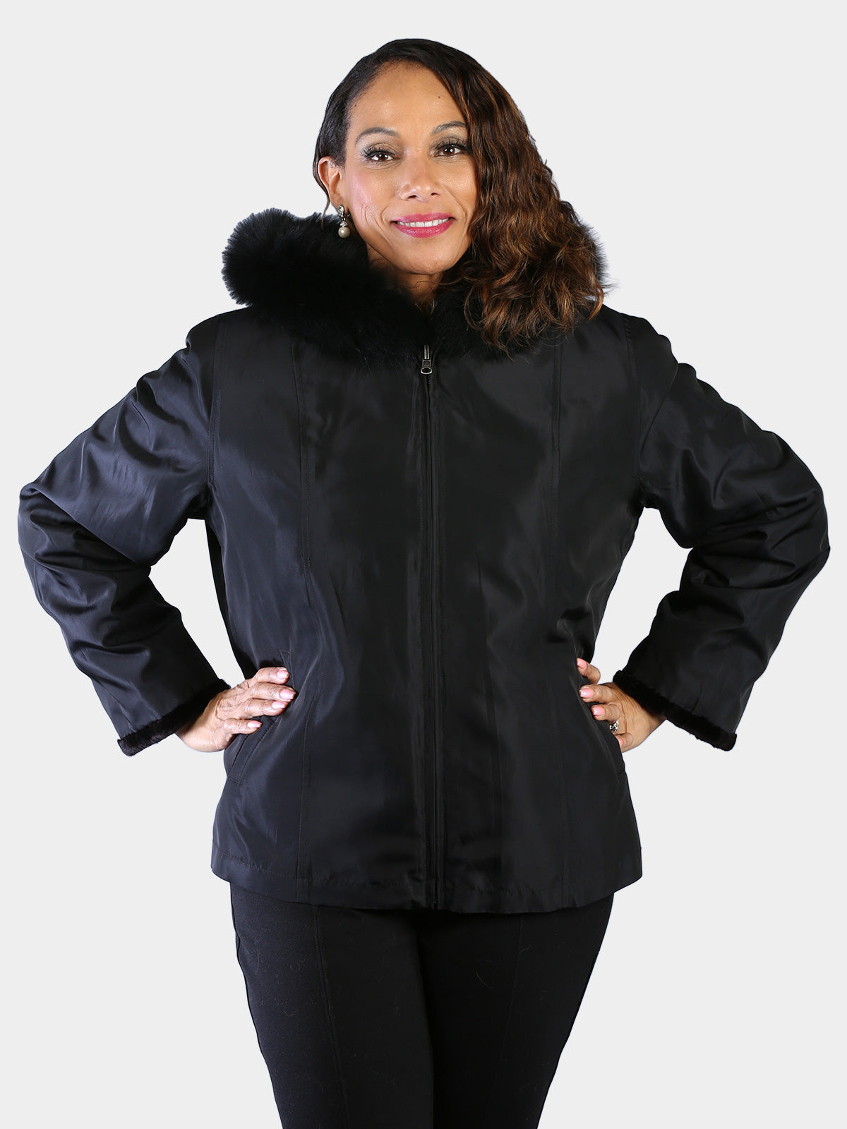 Woman's Plus Size Dyed Black Sheared Sculptured Mink Fur Parka Reversible to Rain Taffeta