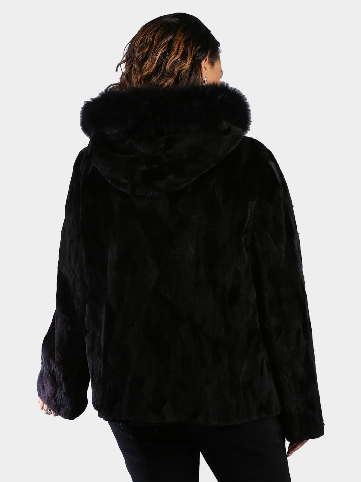 Woman's Plus Size Dyed Black Sheared Sculptured Mink Fur Parka Reversible to Rain Taffeta