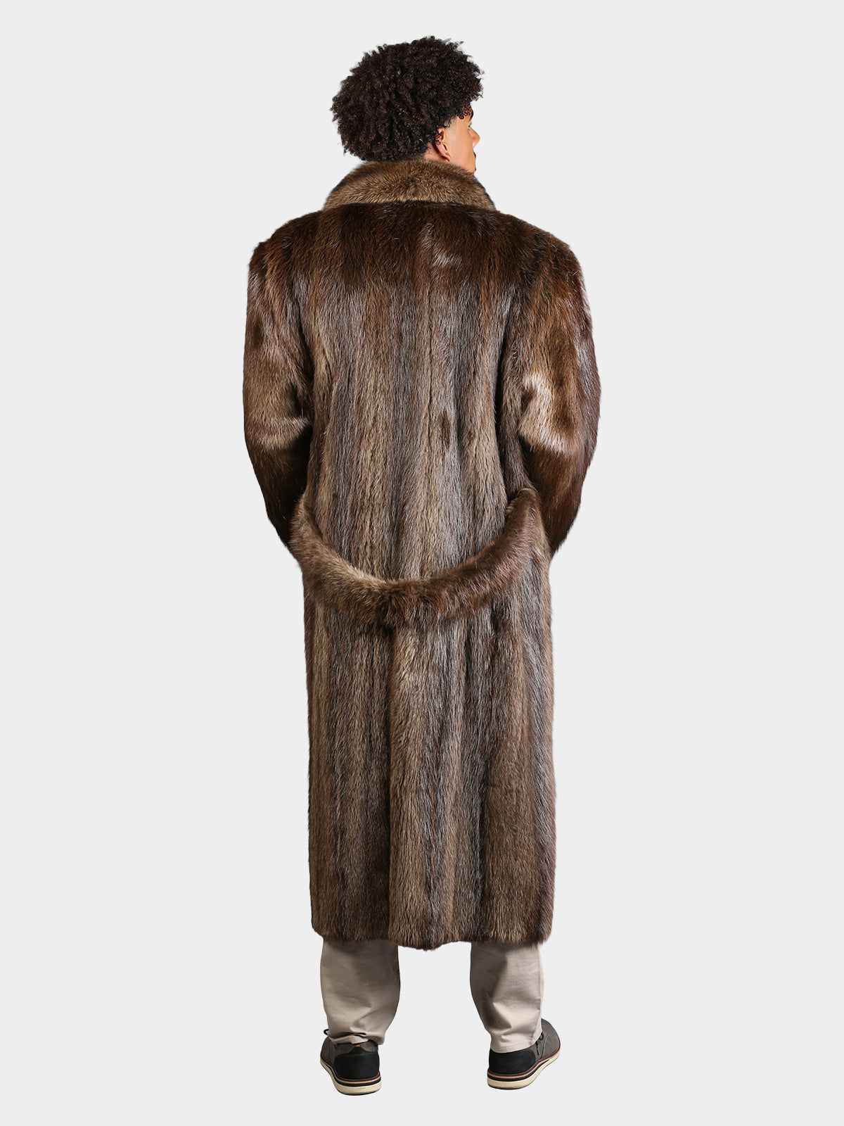 Man's Natural Medium Tone Long Hair Beaver Fur Coat with Stone Martin Collar