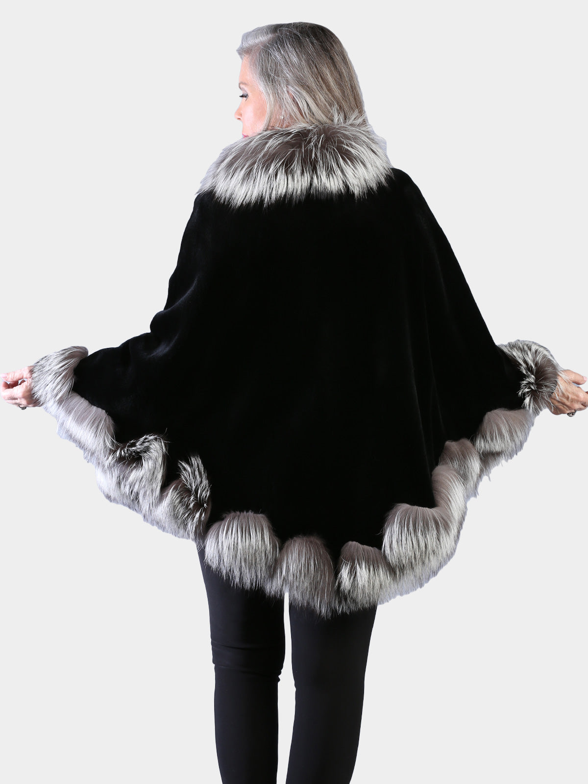 Woman's Dyed Black Sheared Mink Fur Cape with Silver Fox Trim