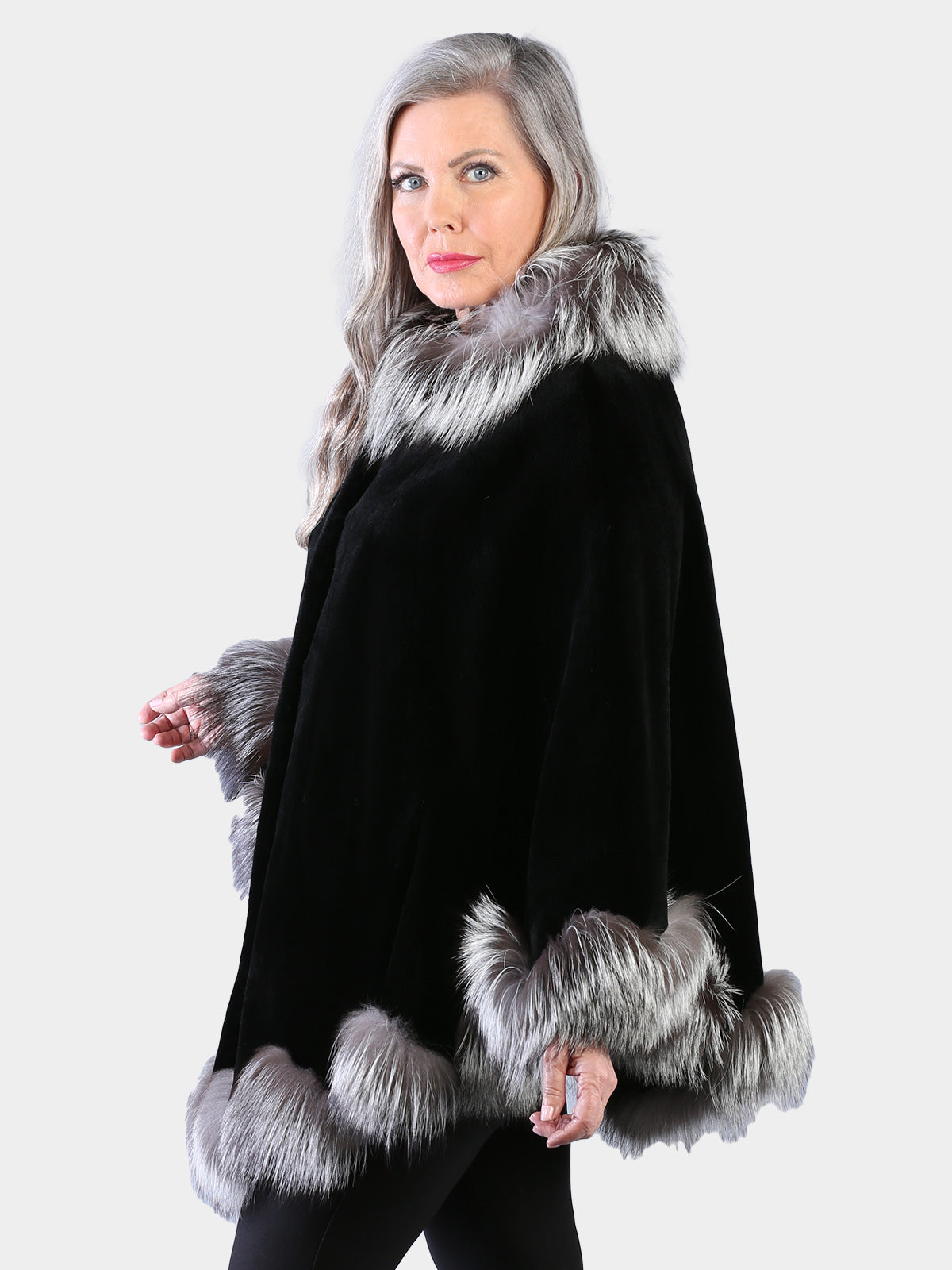 Woman's Dyed Black Sheared Mink Fur Cape with Silver Fox Trim