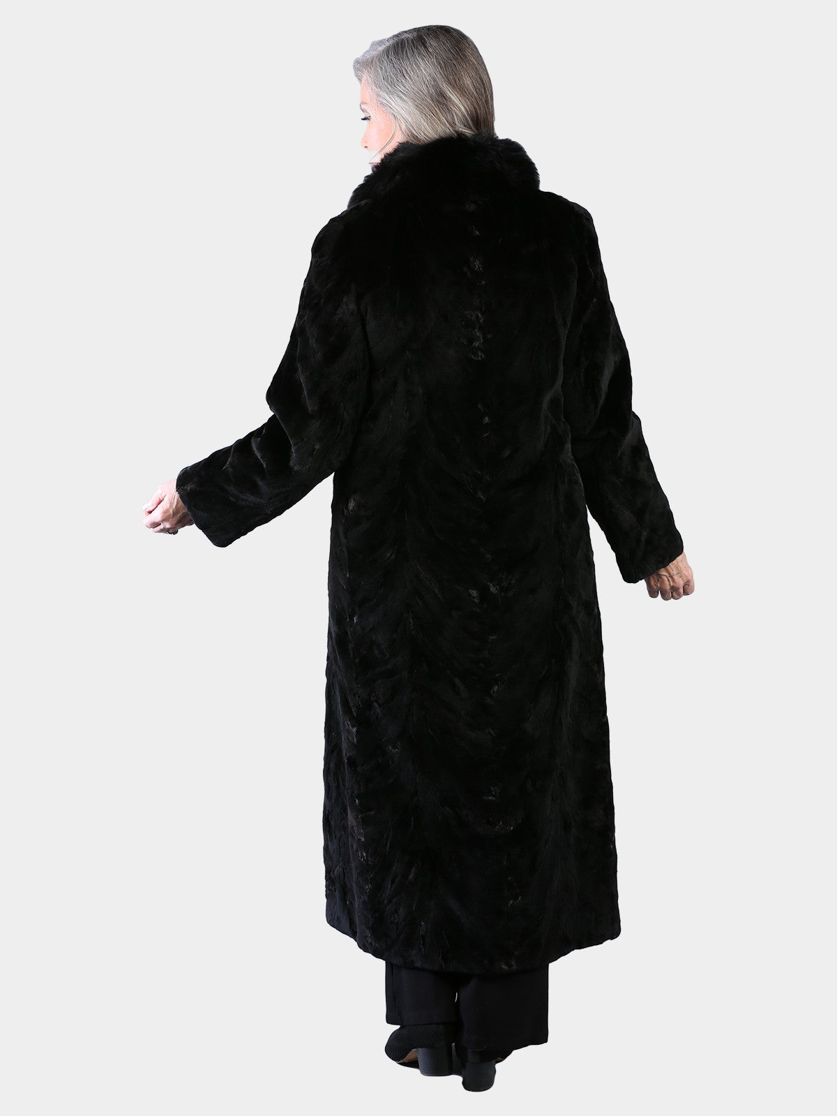 Woman's Dyed Black Sculptured Sheared Mink Fur Coat with Fox Collar and Tuxedo Front (Reversible)