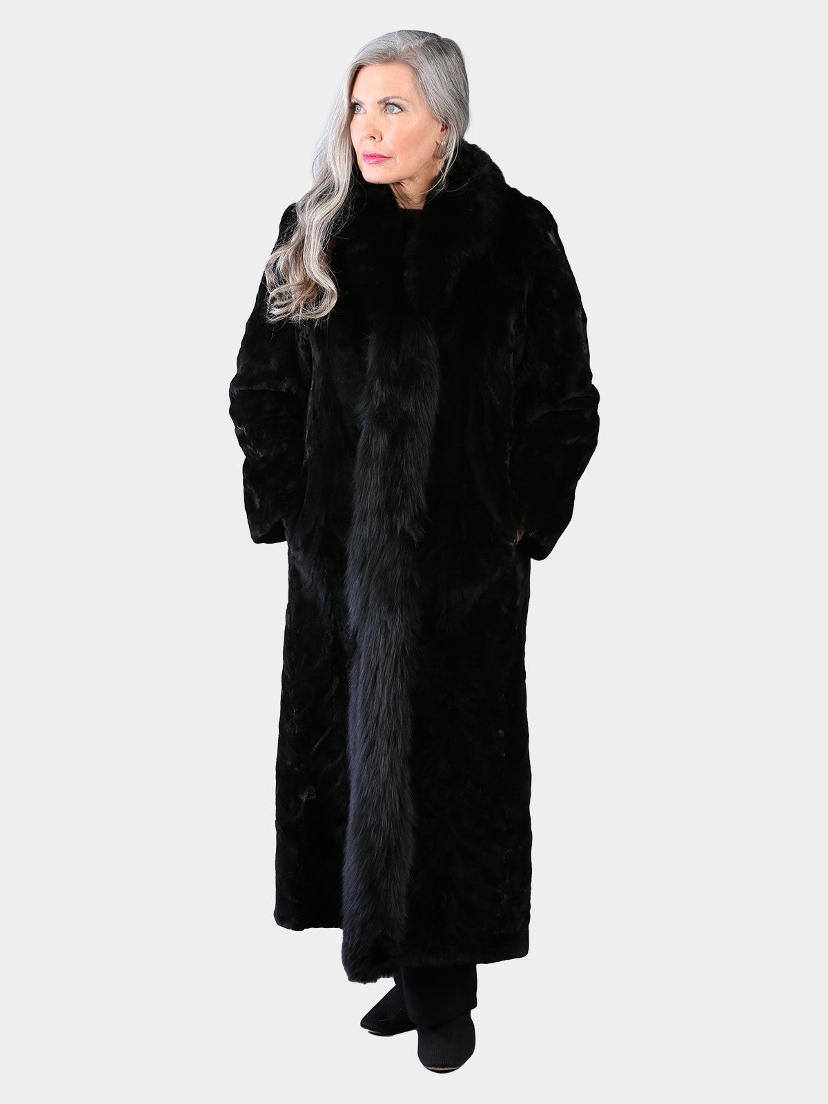 Woman's Dyed Black Sculptured Sheared Mink Fur Coat with Fox Collar and Tuxedo Front (Reversible)