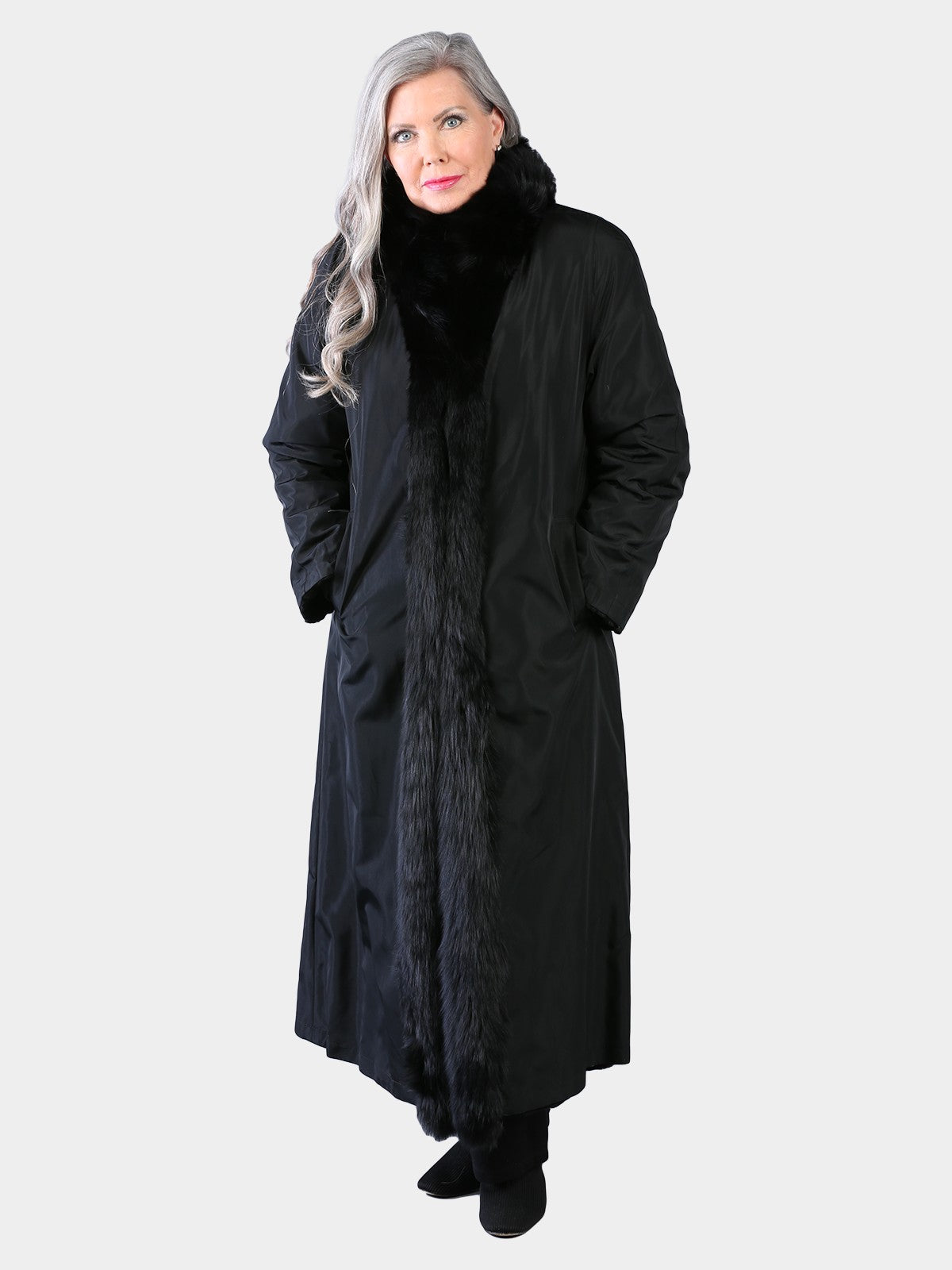 Woman's Dyed Black Sculptured Sheared Mink Fur Coat with Fox Collar and Tuxedo Front (Reversible)