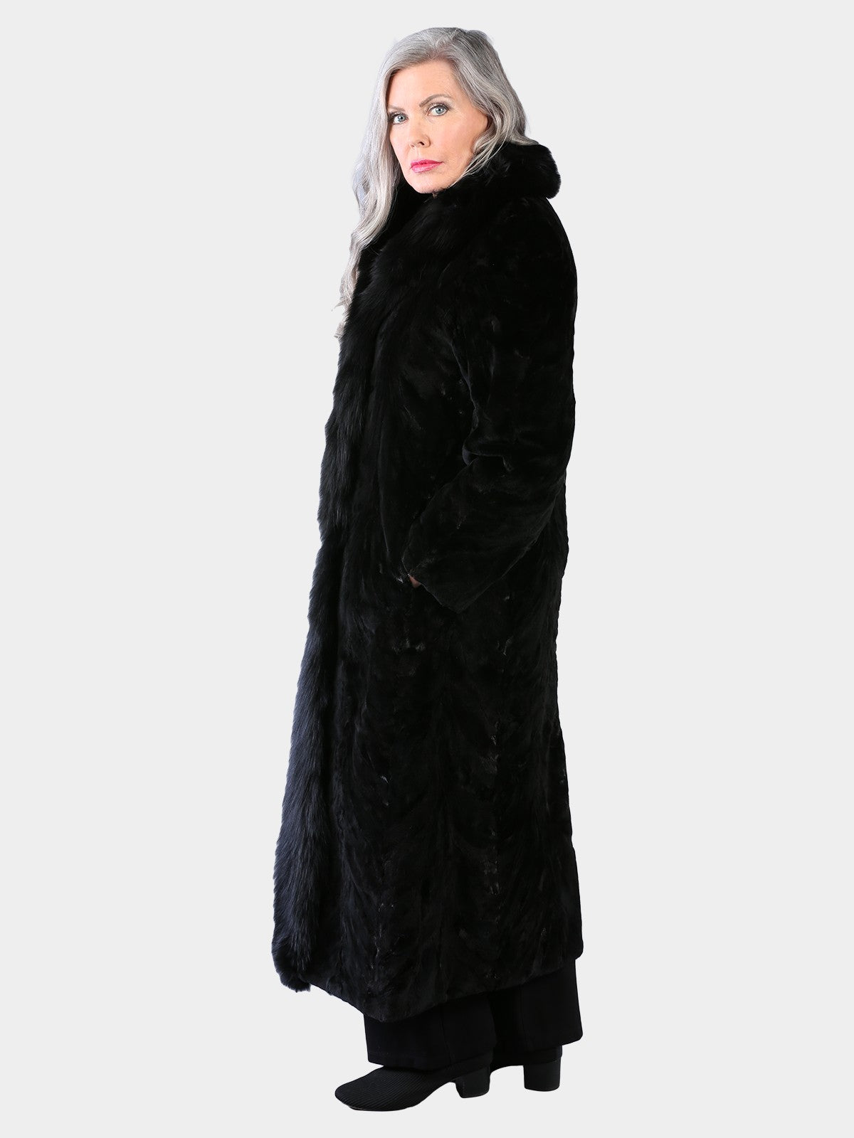 Woman's Dyed Black Sculptured Sheared Mink Fur Coat with Fox Collar and Tuxedo Front (Reversible)