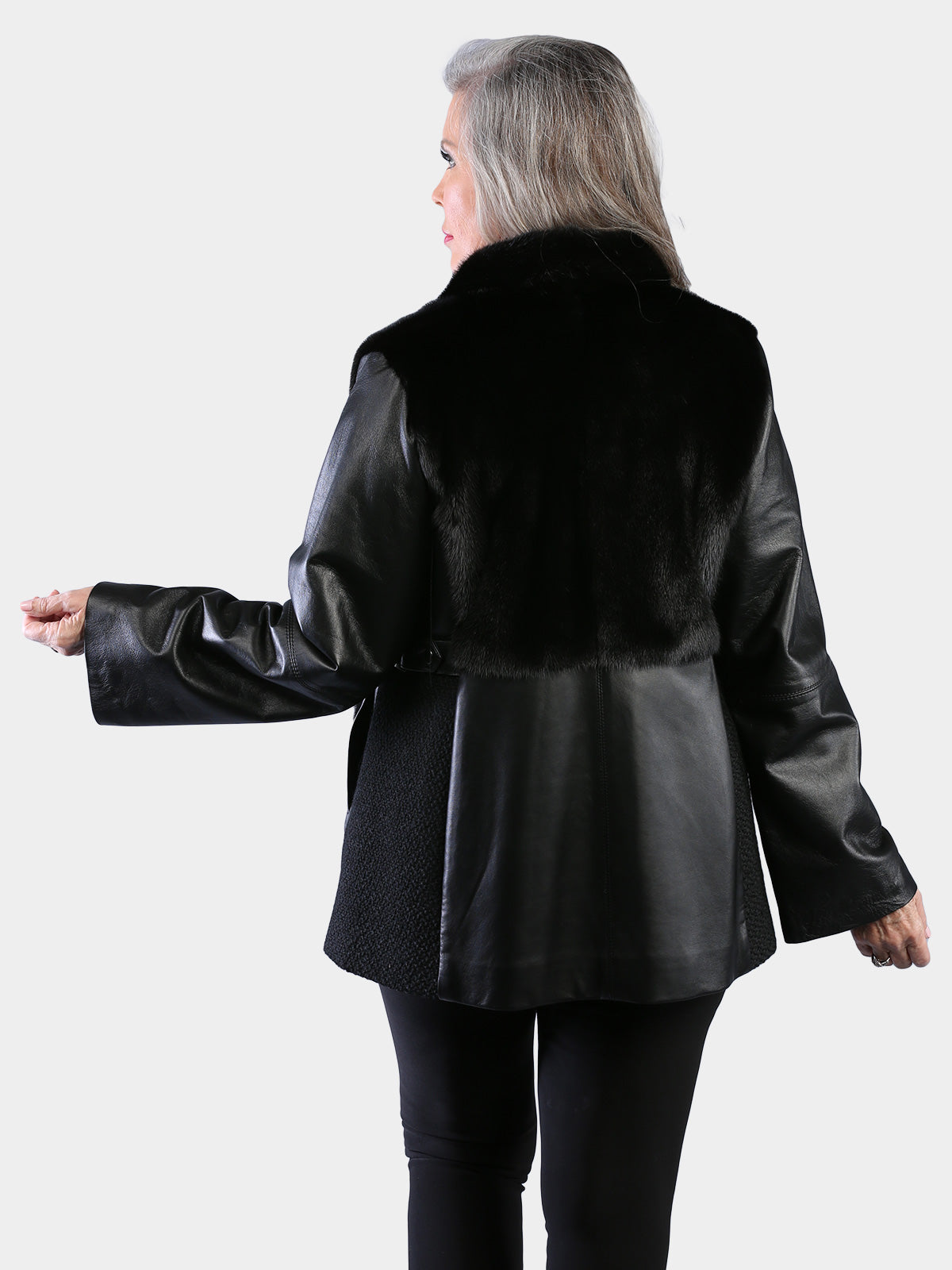 Woman's Natural Ranch Mink Fur Jacket with Leather Sleeves and Sides