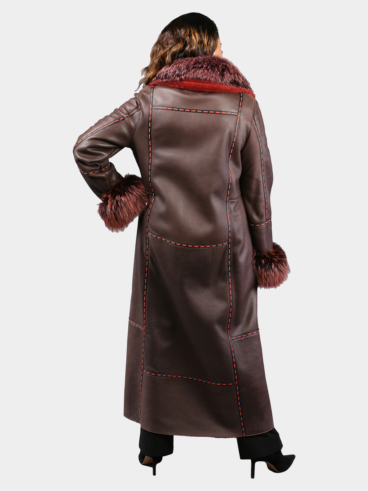 Woman's Dyed Brown and Red Shearling Lamb Coat and Dyed to Match Silver Fox Fur Trim by Louis Feraud