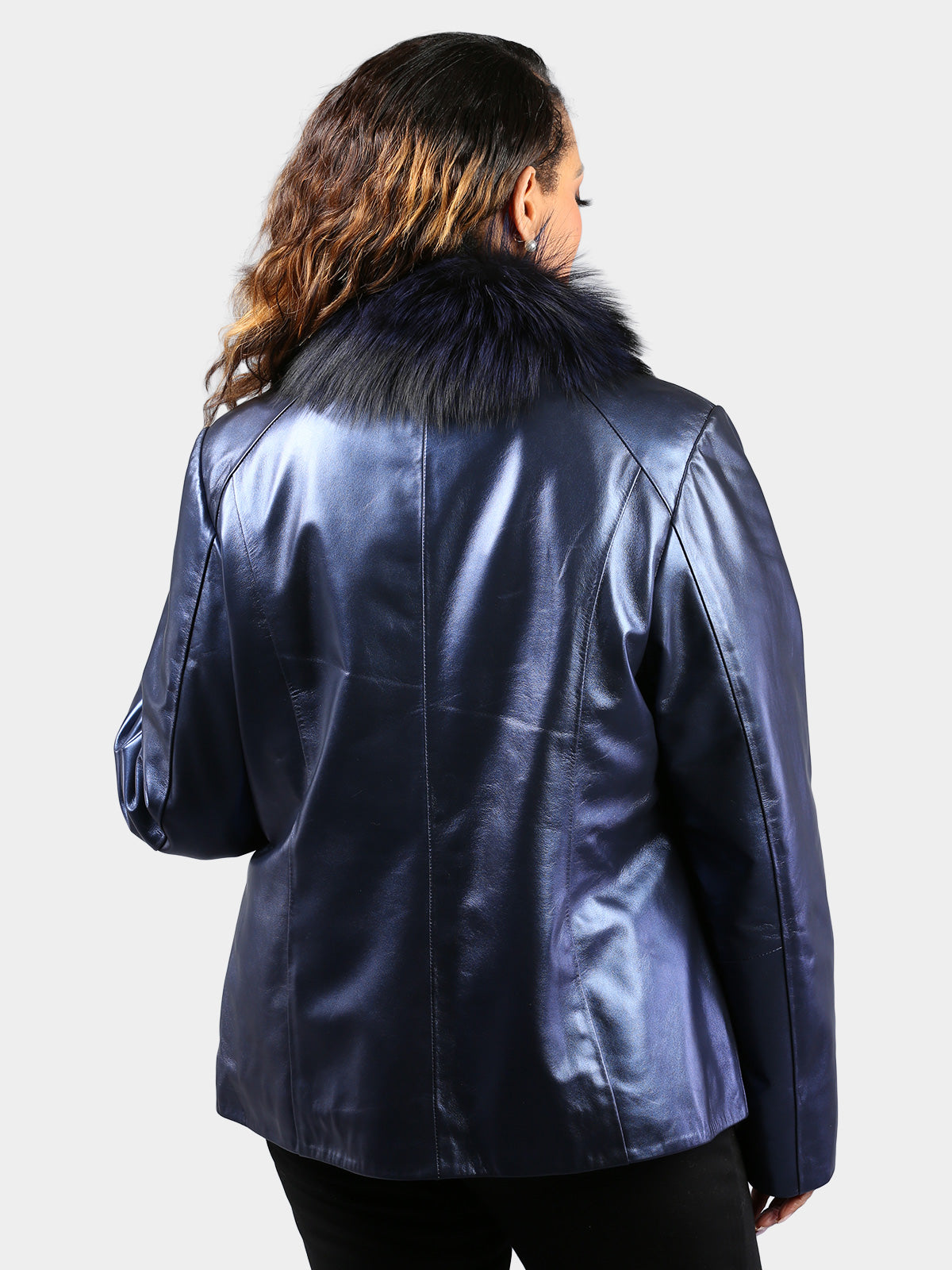 Woman's Dyed Pacific Blue Leather Jacket with Dyed Silver Fox Collar