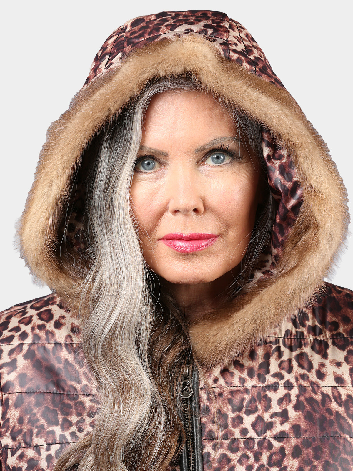 Woman's Leopard Print Fabric Jacket with Black Shearling Lamb Interior and Lunaraine Mink Fur Trim
