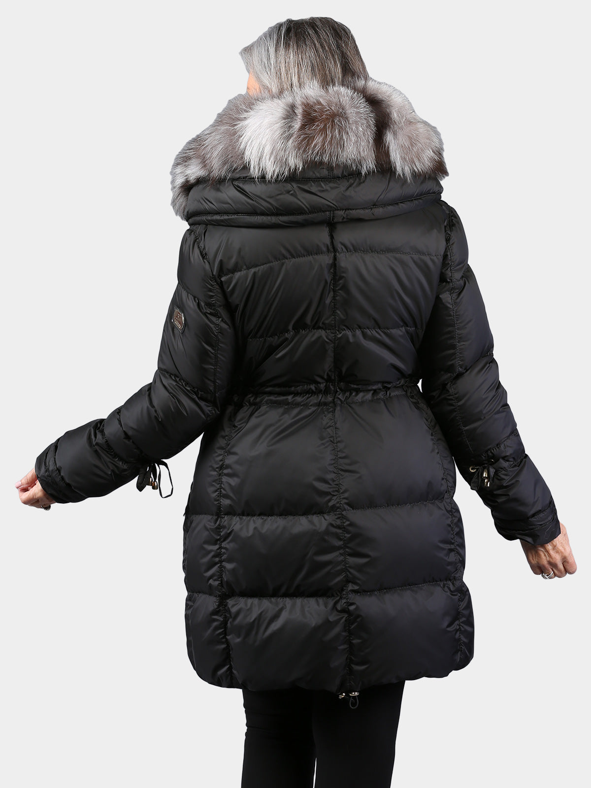 Woman's Gorski Apres Ski Black Goose Down Filled Stroller with Silver Fox Fur Trim