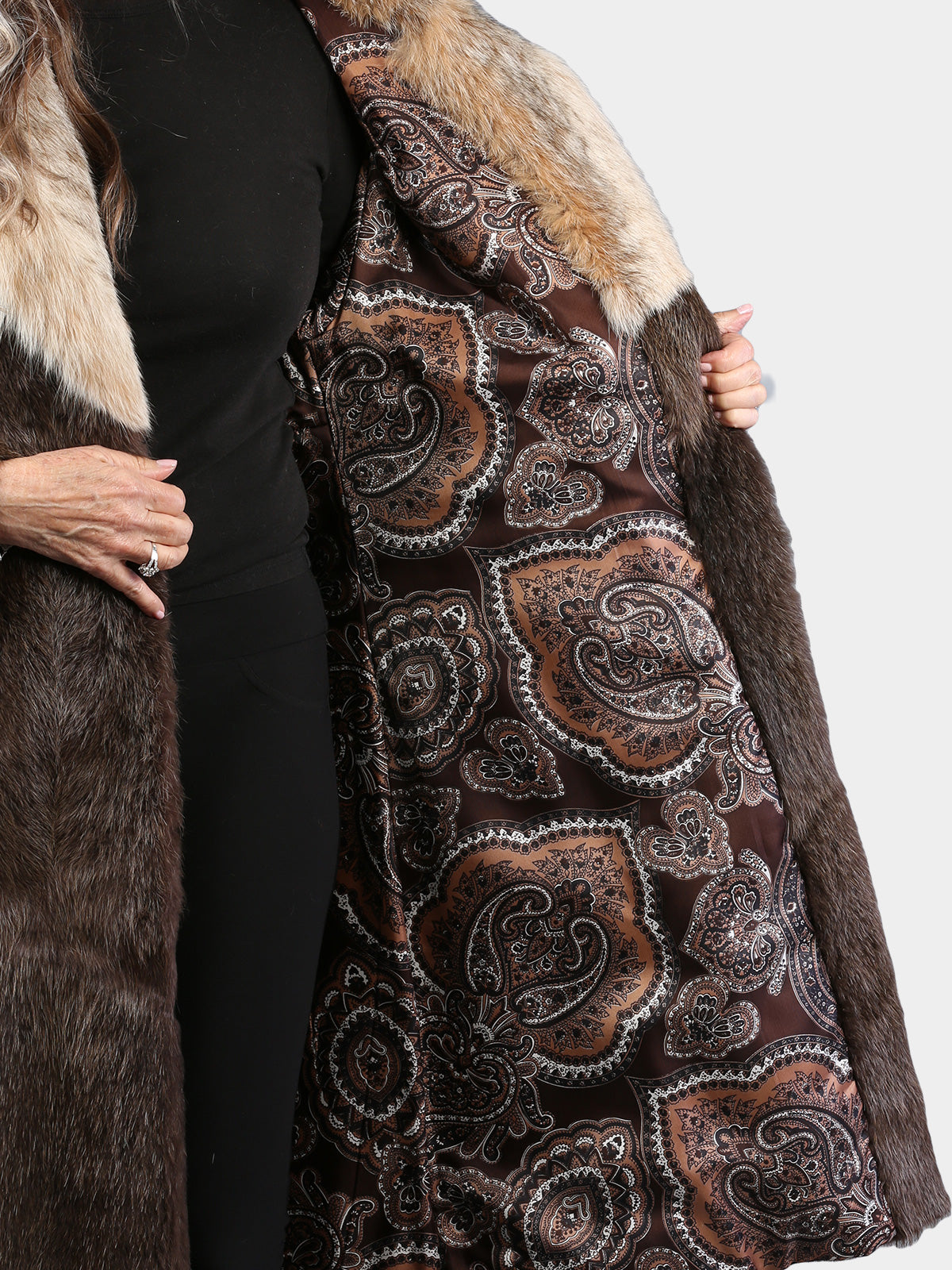 Woman's Vintage Natural Nutria Fur Coat with Canadian Lynx Collar