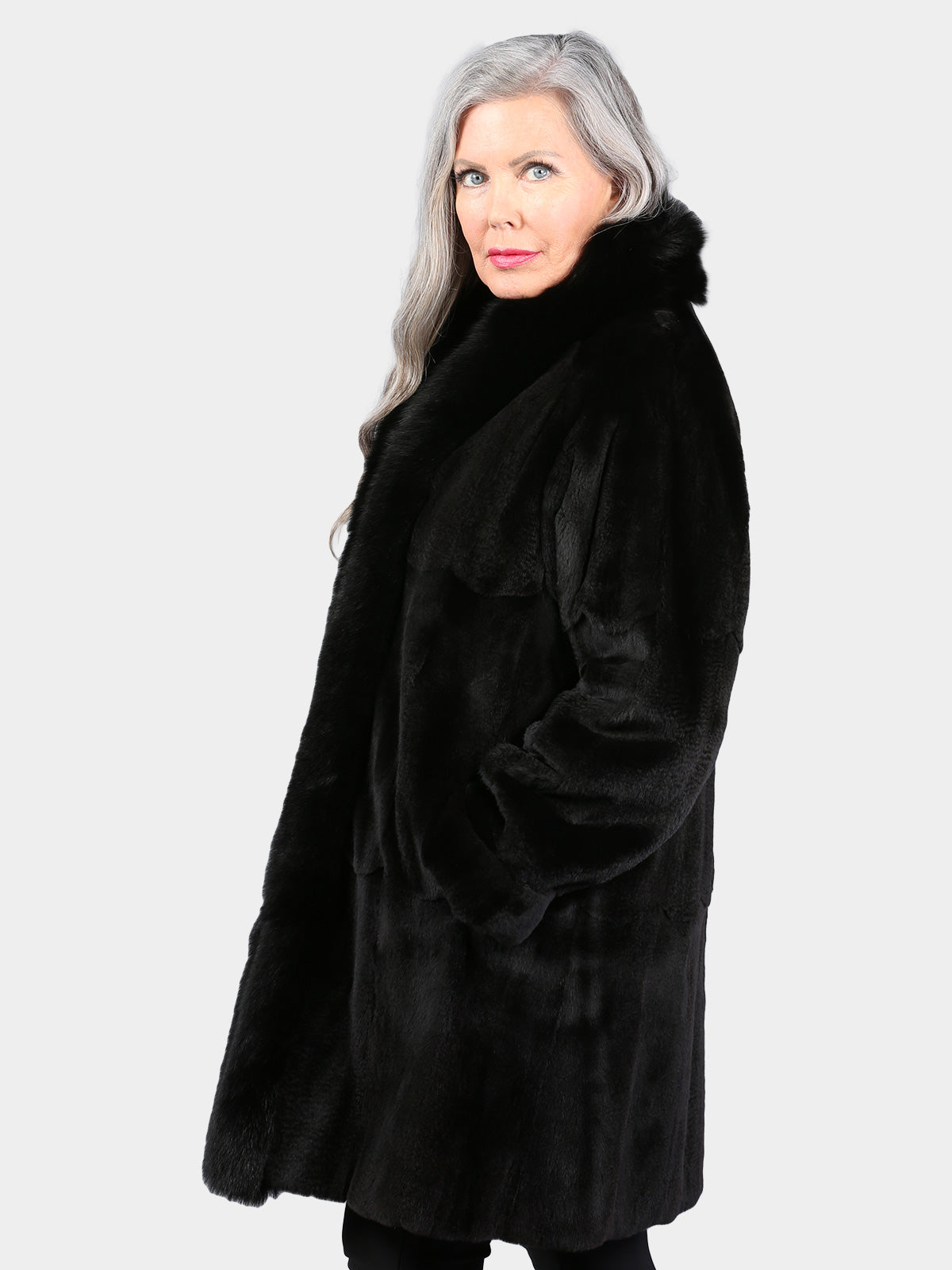 Woman's Dyed Black Sheared Mink Fur Stroller with Fox Tuxedo Front (Reversible)