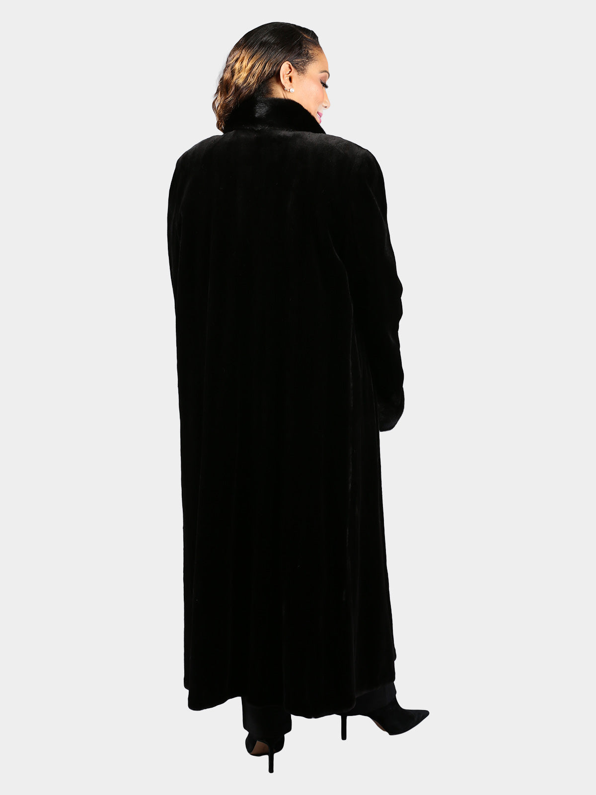 Woman's Plus Size Extra Long Dyed Black Sheared Mink Fur Coat