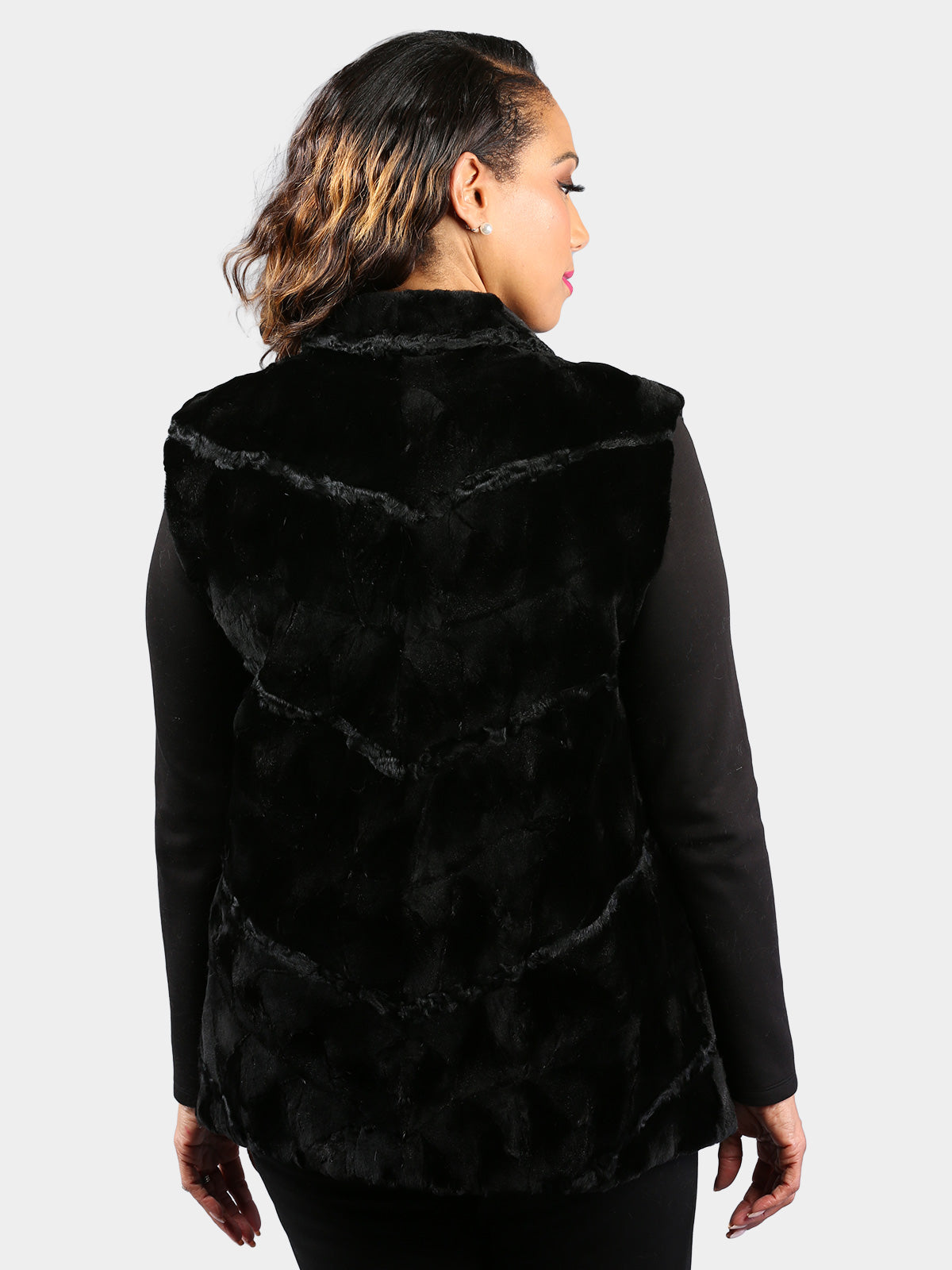 Woman's Dyed Black Sculptured Mink Fur Vest with Karakul Lamb Inserts (Reversible)